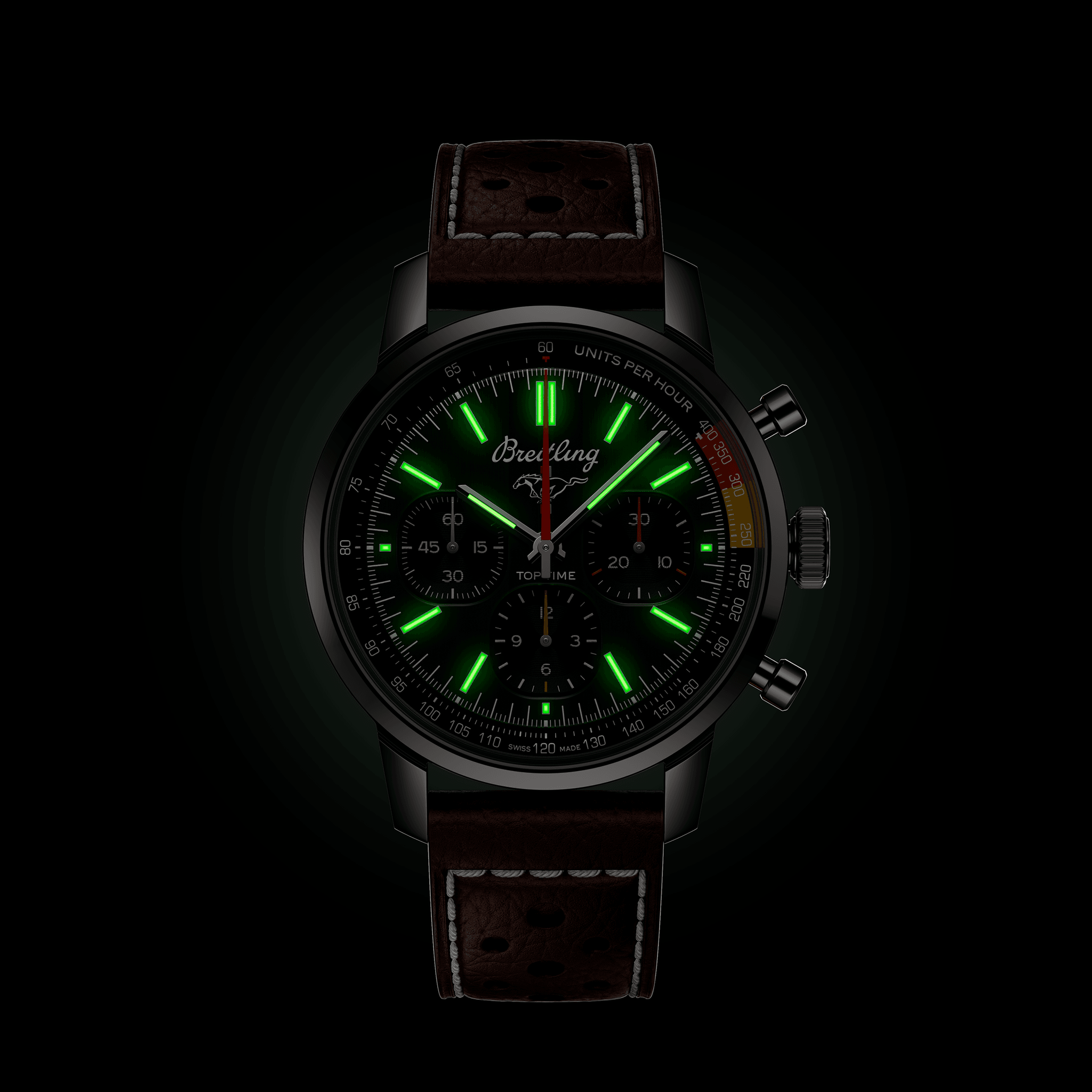 Top Time B01 Ford Mustang 41mm Green Dial Leather Strap Watch - Perfect for Racing Enthusiasts & Vintage Car Lovers