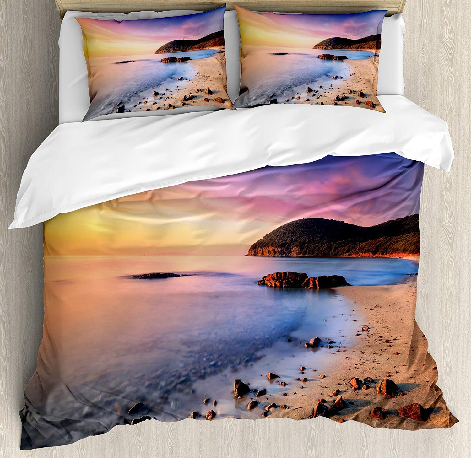 3 Piece King Size Beach Themed Bedding Set - Mediterranean Sunrise with Pebbles Print Duvet Cover & 2 Pillow Shams | Coastal Decor, Vacation Home, Seaside Bedroom