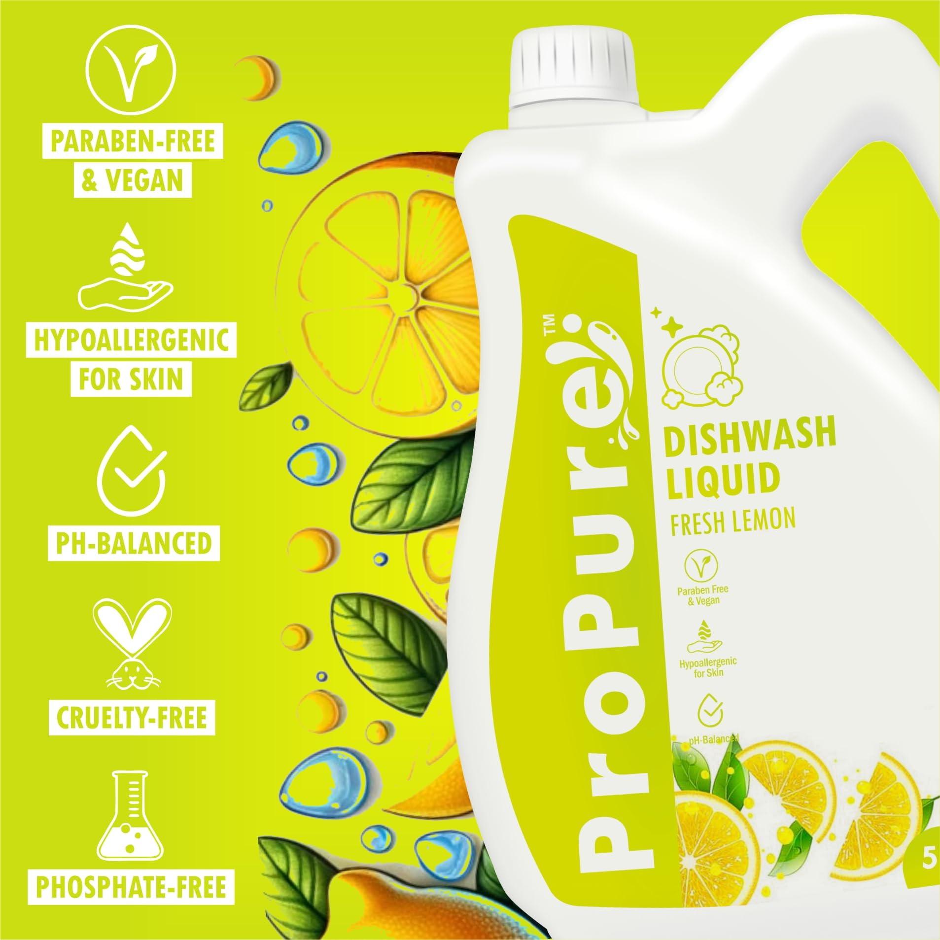 ProPure Dish Wash Liquid Gel Refill Pack - 5 Litres | Fresh Lemon Scent | No Residue | Powerful Grease Cleaner for Pots, Pans & Utensils | Kitchen Dishwashing Soap - Ideal for Daily Dish Cleaning & Tough Stains