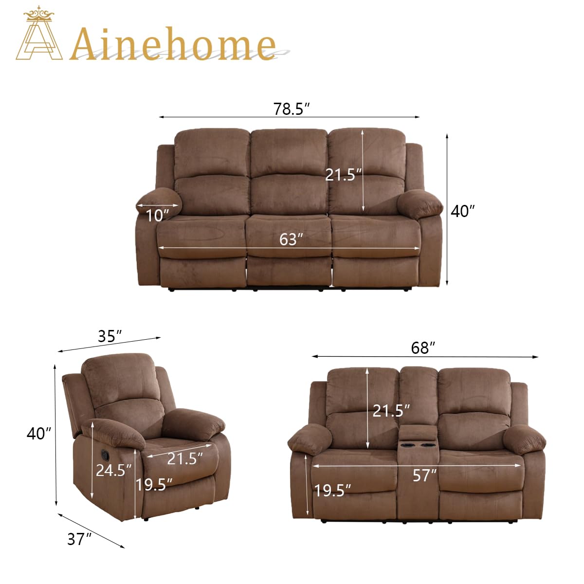 Ainehome 3-Piece Corduroy Recliner Sofa Set with Storage | Modern Taupe Brown Living Room Furniture | Comfortable Sectional Couch for Office, Lounge & Small Spaces