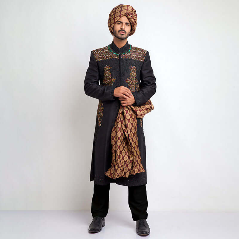 Luxury Jet Black Pure Jamavar Silk Sherwani for Men - Handcrafted Indian Wedding Attire with Perfect Fit | Ideal for Weddings, Festivals & Special Occasions