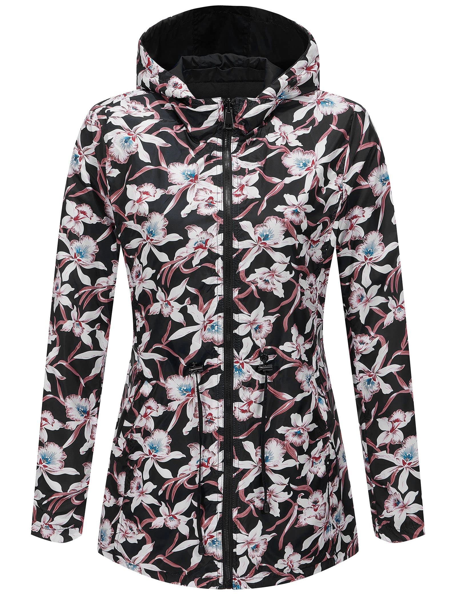 RISISSIDA Women's Reversible Floral Print Hooded Jacket - Lightweight Waterproof Spring/Fall Transition Coat for Casual Wear | Perfect for Outdoor Activities, Travel & Daily Fashion