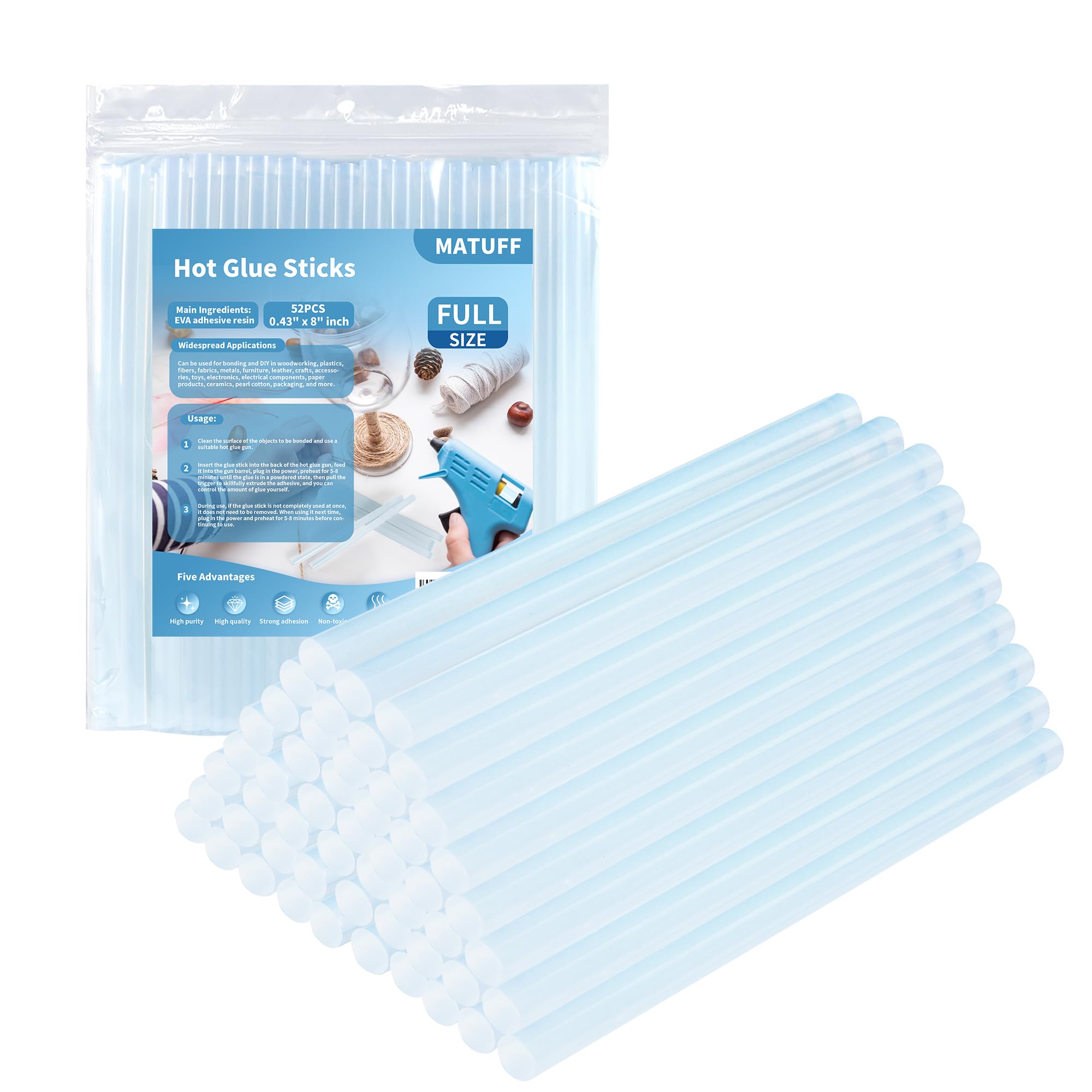MATUFF 52-Pack Clear EVA Hot Glue Sticks - 0.43
