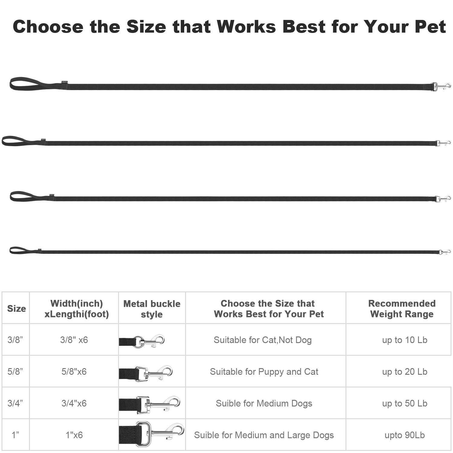 AMAGOOD 6 FT Heavy Duty Dog Leash for Small, Medium & Large Dogs - Strong Durable Traditional Style Pet Lead with Easy-Use Collar Hook (Black, 5/8