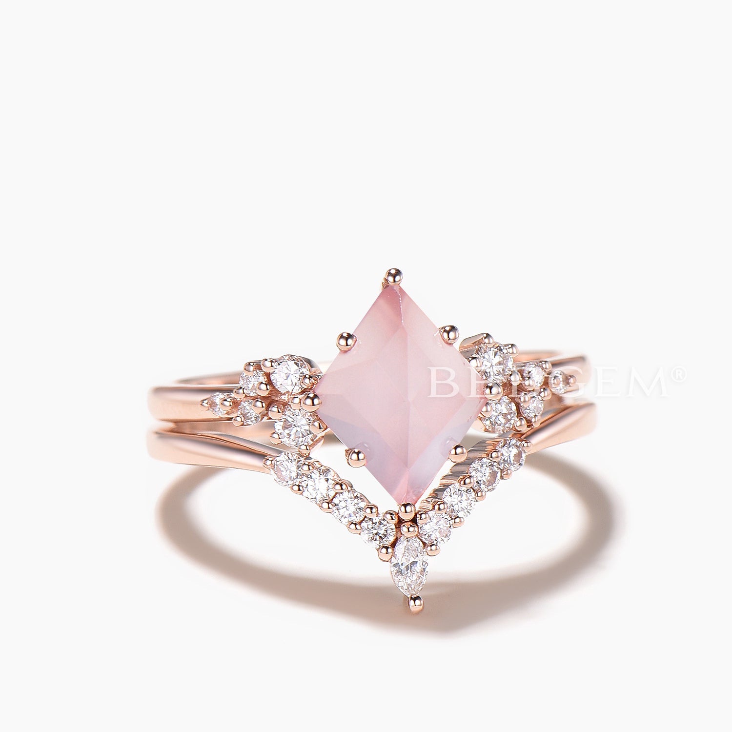 Natural Rose Quartz Engagement Ring & Wedding Band Set - Rhomboid Kite Cut Diamond Bridal Jewelry for Proposals, Anniversaries & Special Occasions