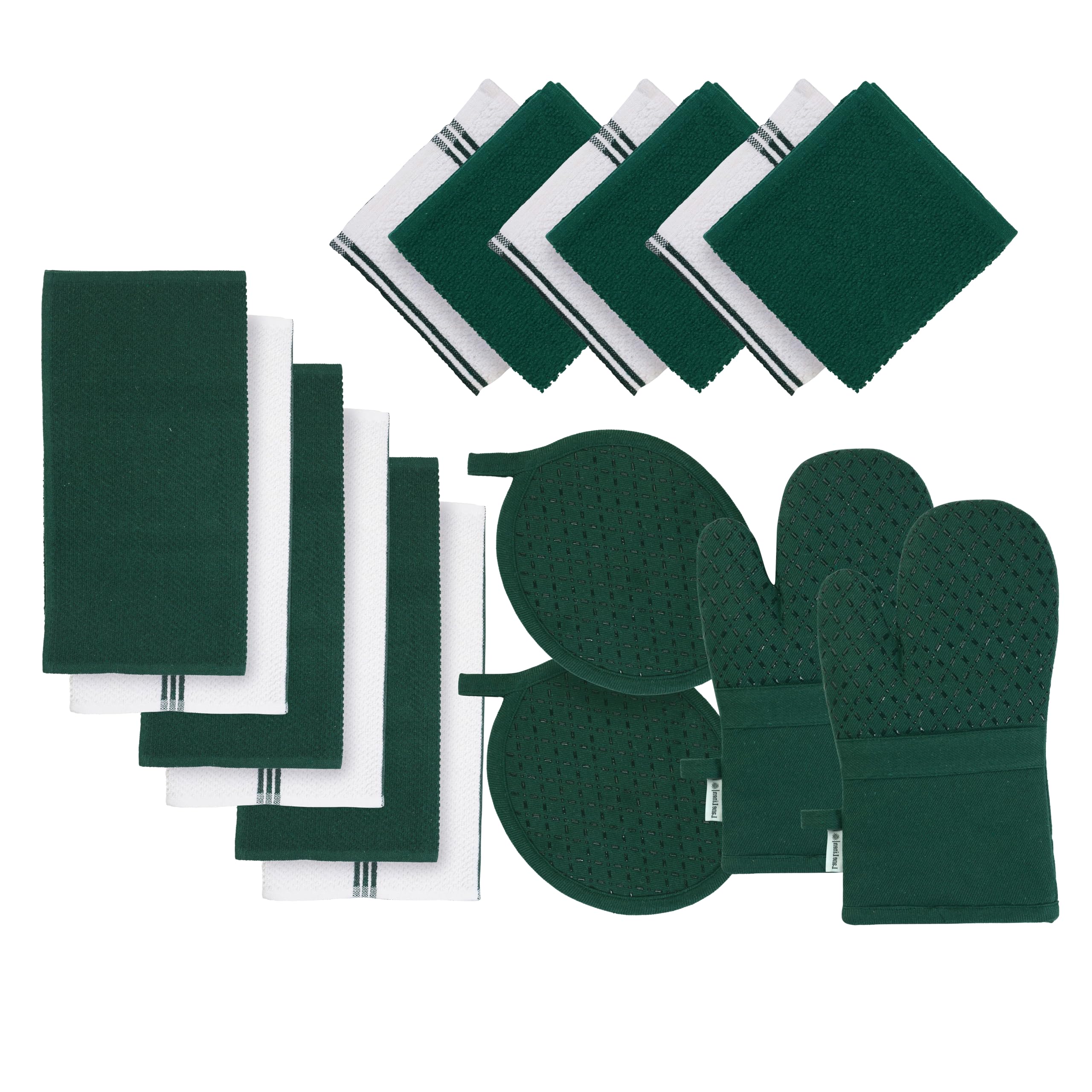Premium 16-Piece Cotton Kitchen Towel Set - Heat Resistant Dish Towels & Cloths (500°F), Pot Holders & Oven Mitts - Eco-Friendly Linen Dish Rags for Washing Dishes - Green - Perfect for Cooking, Baking & Kitchen Cleaning