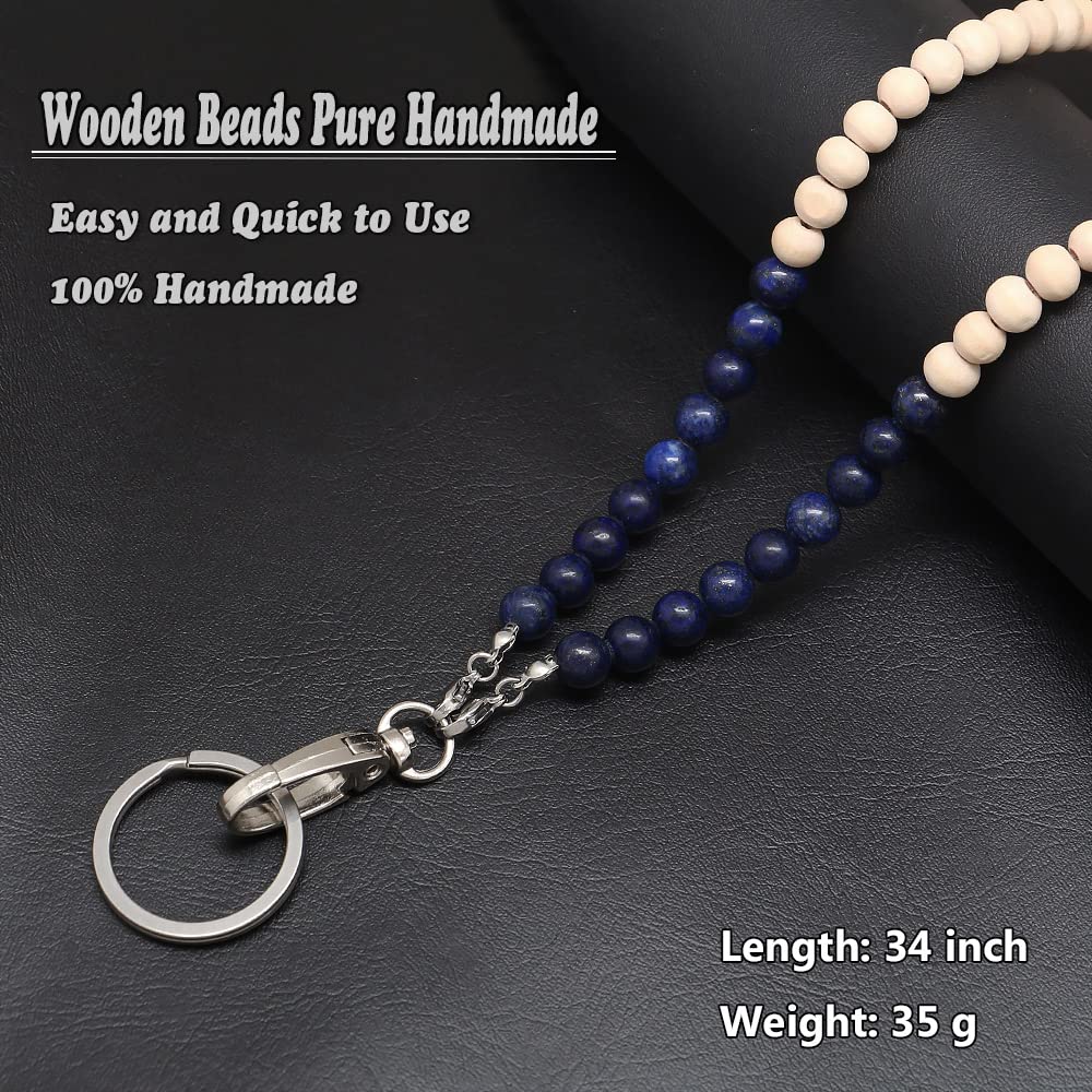 Wooden Beaded Lanyard for ID Badges & Keys - Lapis Lazuli Stone Necklace for Women - Office & Event Use