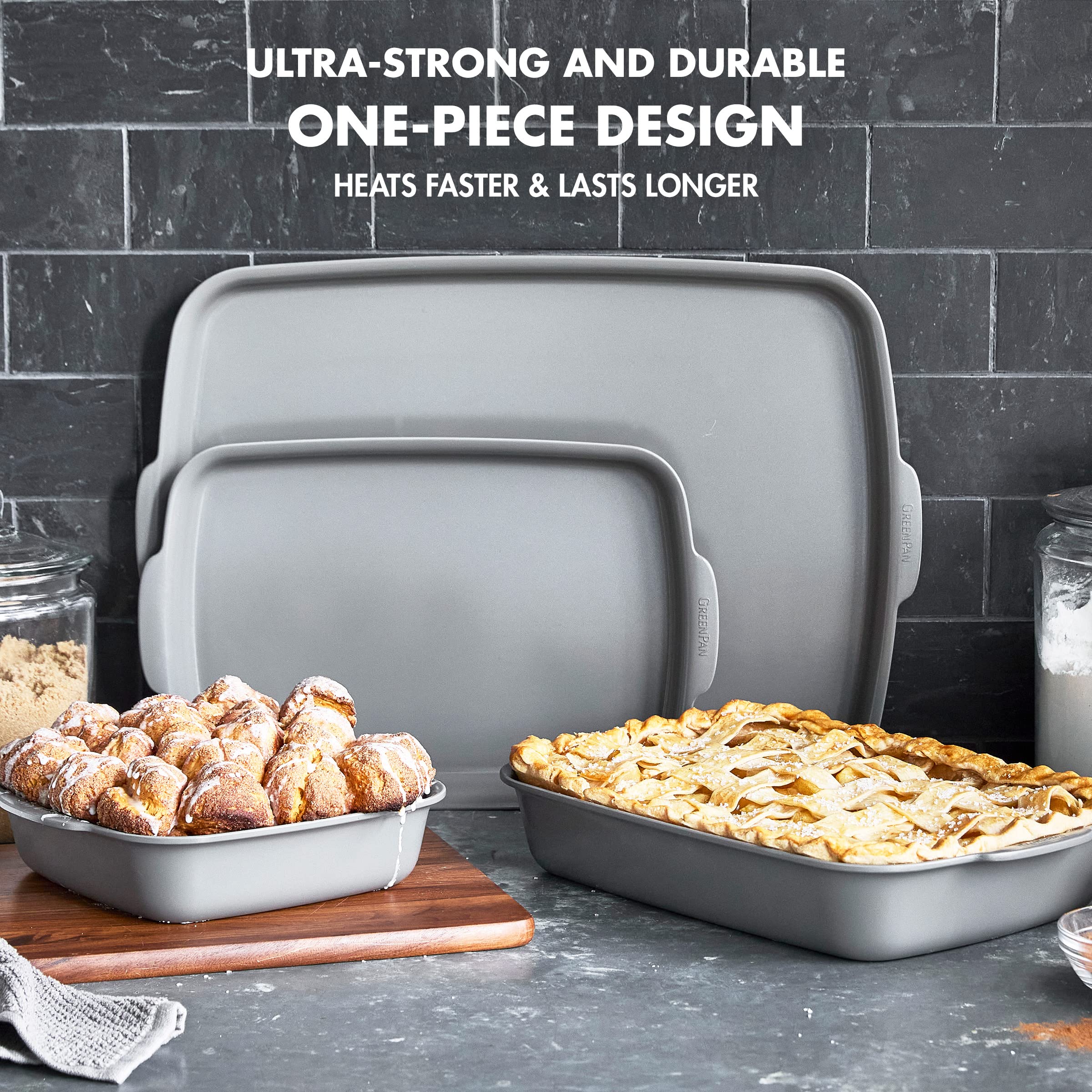 GreenPan Premiere Healthy Ceramic Nonstick 4-Piece Bakeware Set - PFOA & PFAS-Free, Warp-Resistant Baking Pans (Rectangular, Square, Quarter & Half Sheet) - Oven Safe to 600°F & Dishwasher Safe - Perfect for Baking Cookies, Cakes, Roasts & Meal Prep - Gray