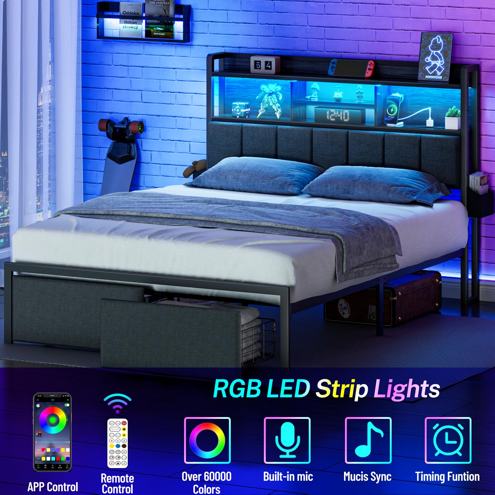 Furnulem Queen Size Bed Frame with Storage Drawers & Upholstered Headboard - LED Lights, USB Charging Station, Noise-Free Metal Platform Bed - No Box Spring Needed (Black) | Perfect for Small Bedrooms, Guest Rooms & Modern Apartments