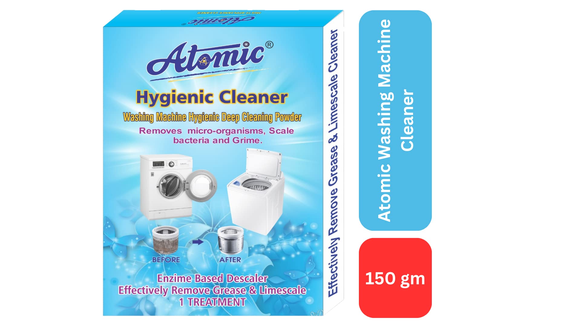 Atomic Descaling Powder 150gm - Effective Washing Machine Cleaner for Top Load & Front Load Washers | Removes Limescale & Residue | Ideal for Home Laundry Care