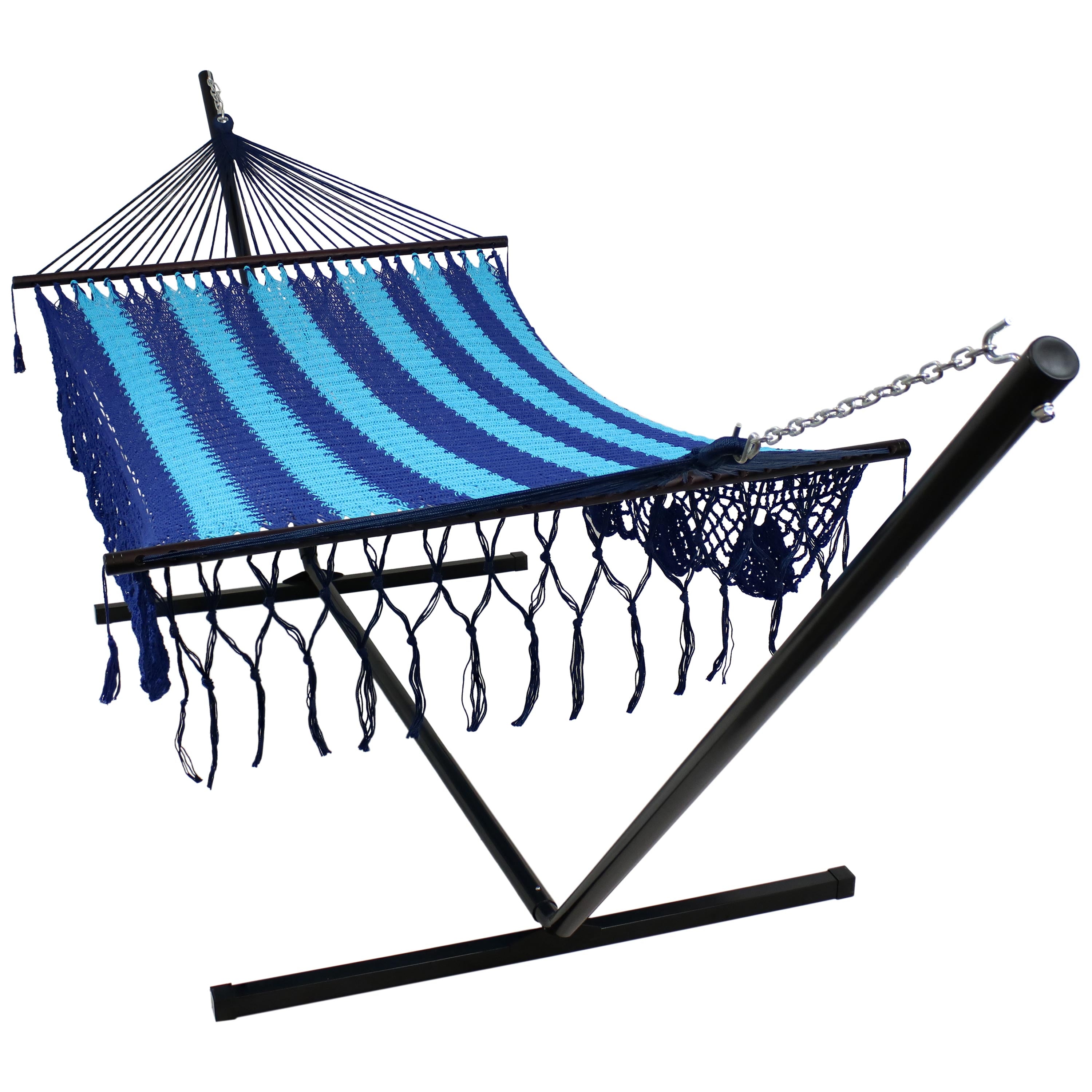 Premium Sunnydaze Deluxe American-Style Mayan Hammock with 15-Foot Steel Stand - Perfect for Backyard, Patio, Poolside & Outdoor Relaxation
