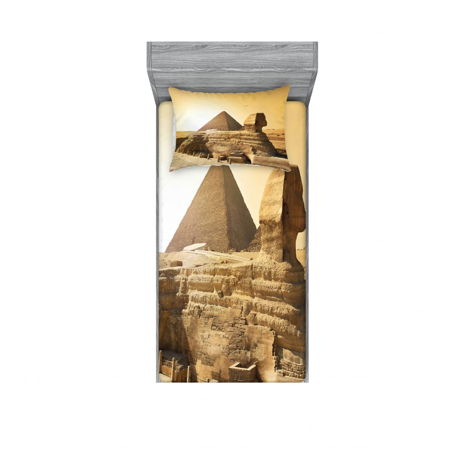 Ambesonne Vintage 2-Pack Egyptian Pyramids Twin XL Fitted Sheet & Pillow Sham Set - 4 Piece Bedding Decor in Sand Brown | Perfect for Dorm Rooms, Guest Beds & Themed Bedroom Decorations