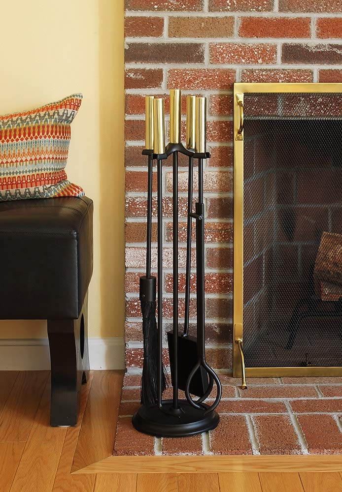 Premium Bedford Fireplace Tool Set - Polished Brass & Black Finish - Essential Fireplace Accessories for Cozy Home & Outdoor Fire Pits