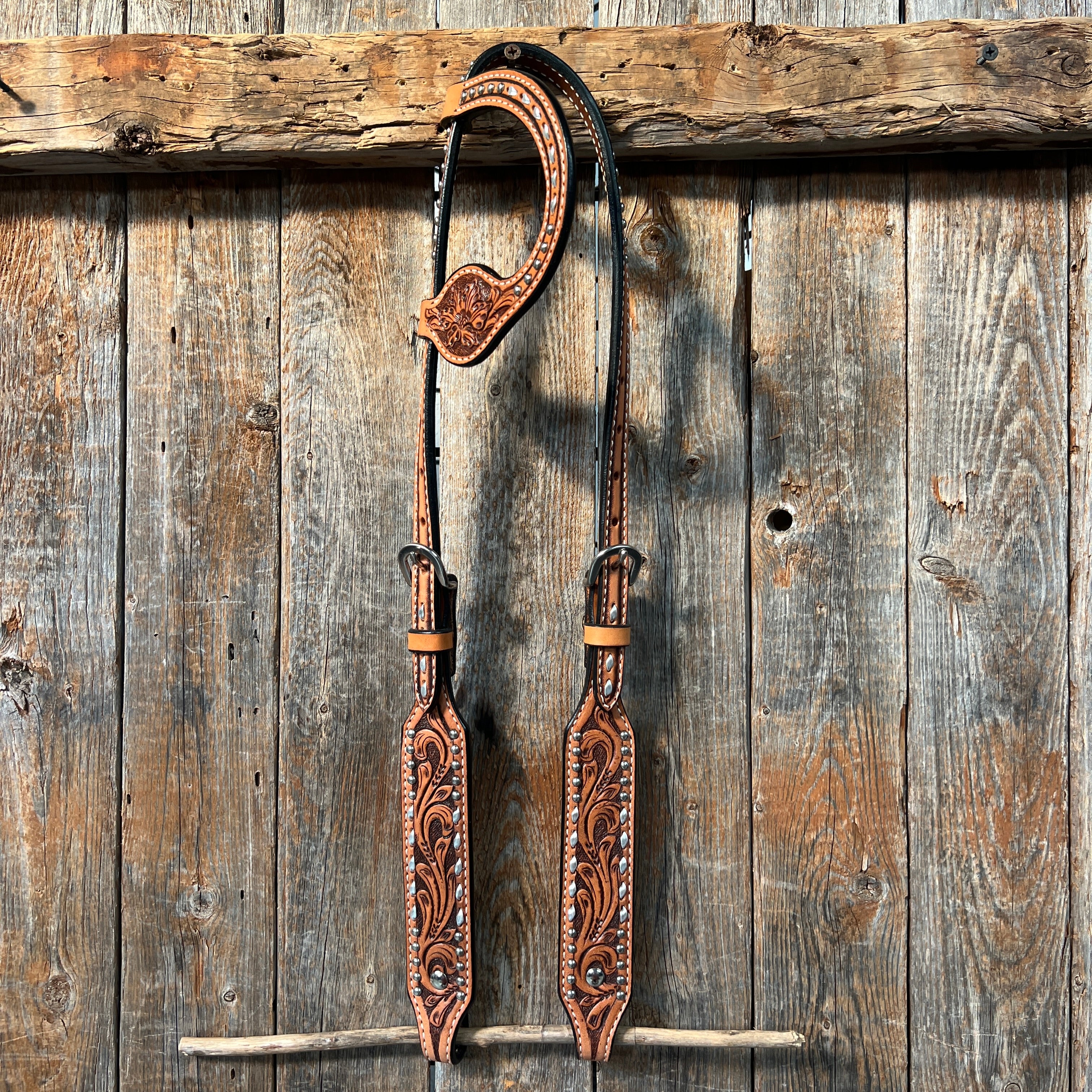 Light Oil Floral Tooled Silver Buckstitching & Dots One Ear Headstall Bridle - Western Horse Riding Show & Trail Accessories