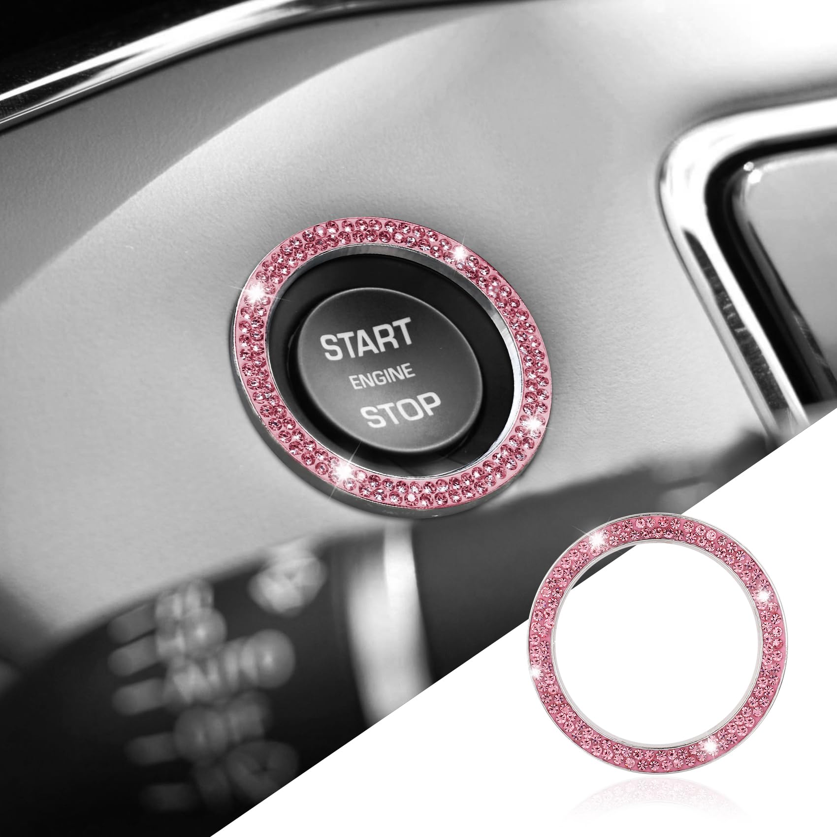 Sparkling Crystal Rhinestone Car Ring Emblem Sticker - Push Start Button Cover & Key Ignition Knob Ring - Elegant Car Interior Decoration for Women - Perfect for Luxury Vehicle Customization & Gift Giving