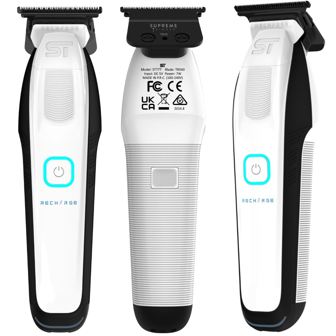Professional Supreme Trimmer ST777 - Cordless Rechargeable Zero Gap Hair Clipper for Barbers & Stylists | 7500 RPM High Power, Removable Lithium Battery, Smart USB Charging Stand with Phone Charger (White) | Perfect for Salon, Home Haircuts & Beard Trimming
