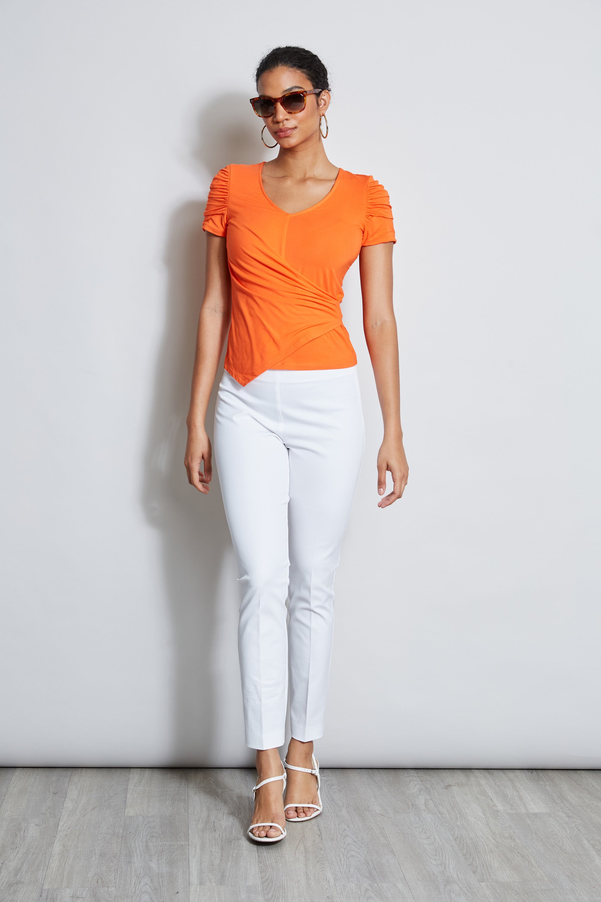 Ruched Sleeve V Neck Knit Sweater for Women - Soft Stretchy Pullover Top for Fall & Winter - Perfect for Office, Date Night and Casual Outings