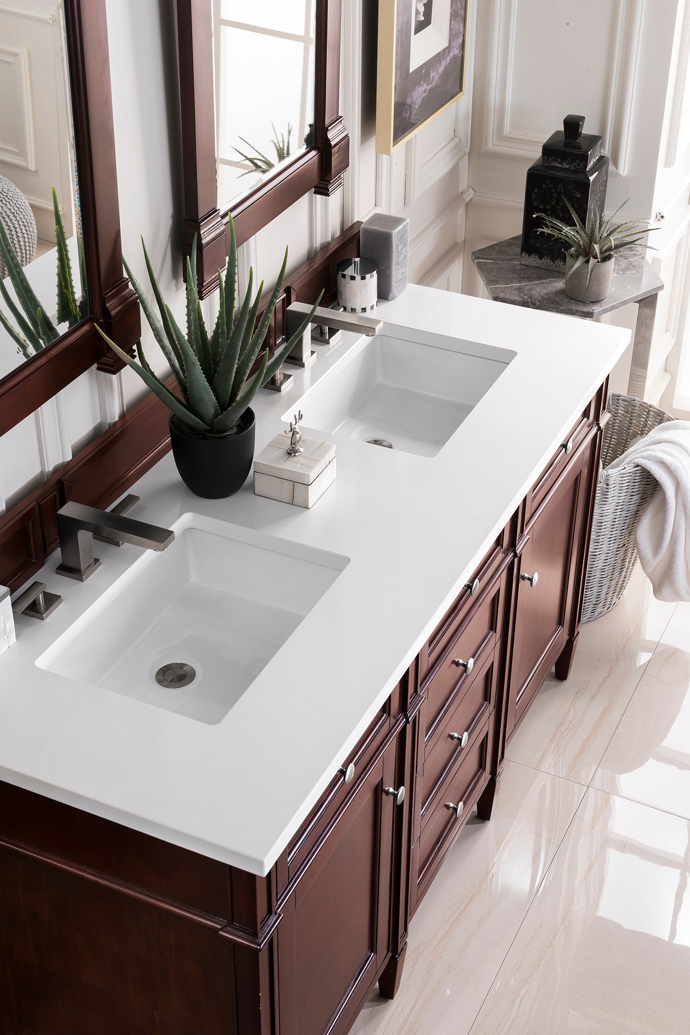 Brittany 60 Inch Burnished Mahogany Double Bathroom Vanity with 3CM White Zeus Quartz Countertop - Perfect for Master Bathroom Renovation and Luxury Home Upgrade