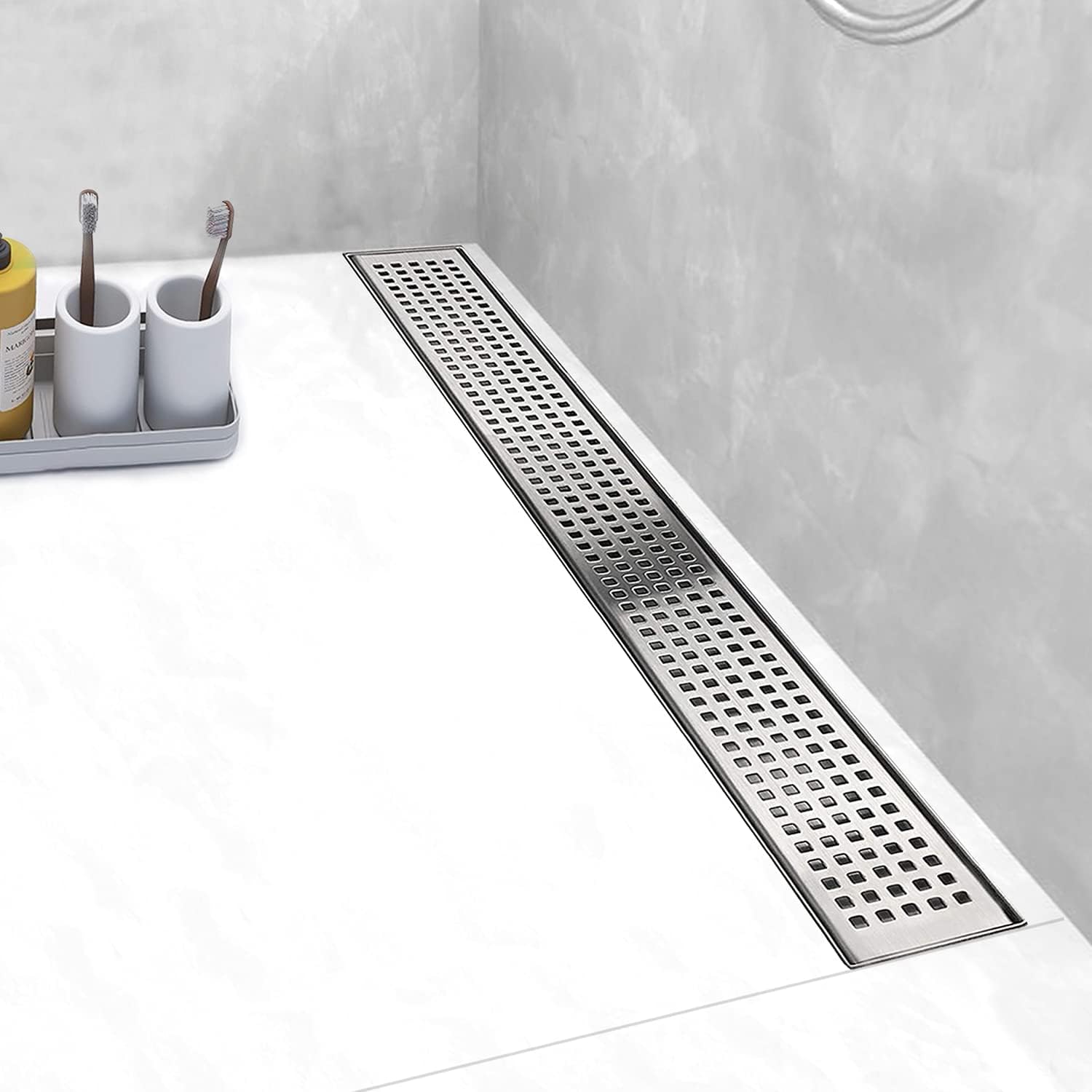 18 Inch AISI 304 Stainless Steel Linear Shower Drain with Removable Grate Cover, Hair Catcher & Leveling Feet - Professional Waterproof Floor Drain for Modern Bathroom & Walk-in Shower Installation