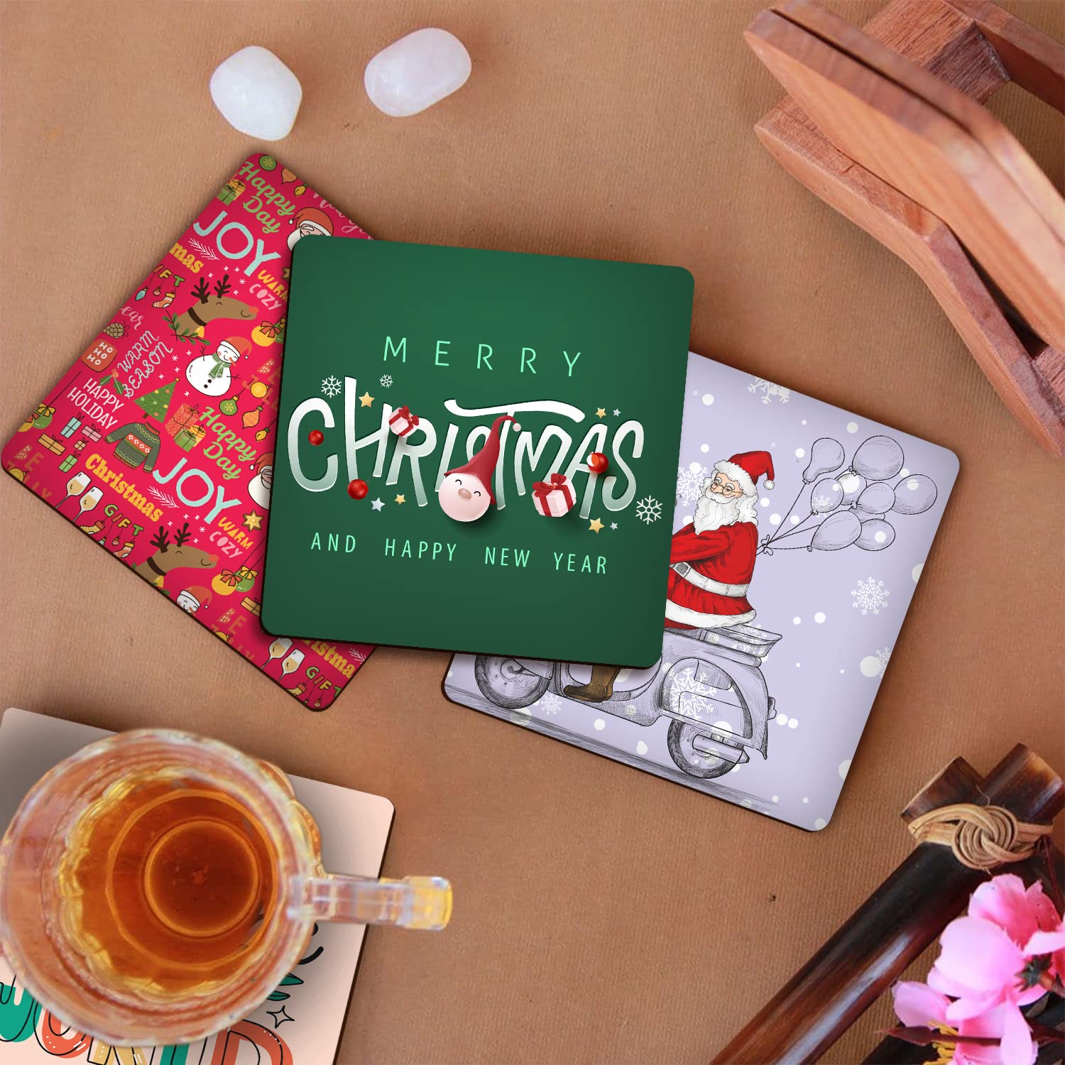 Premium Christmas Designer Printed Coasters - Set of 6 Square MDF Wood Coasters for Dining Table, Desk & Home Decor | Holiday Party, Gift & Festive Dining Accessories