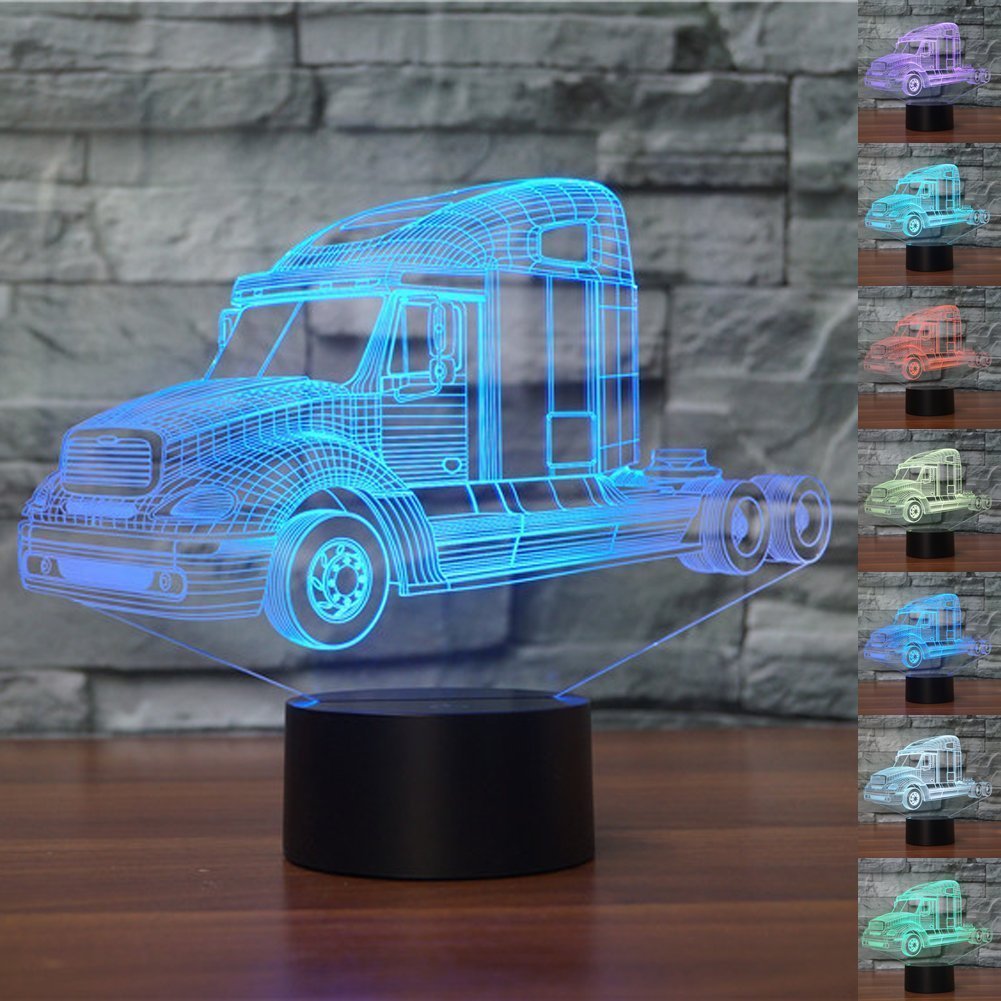 3D Optical Illusion LED Night Light - 7 Color Changing Truck Tractor Car Lamp for Desk, Table, Kids Room Decor | Perfect Gift for Christmas, Birthday, Children (Home, Office, Nursery Decor)