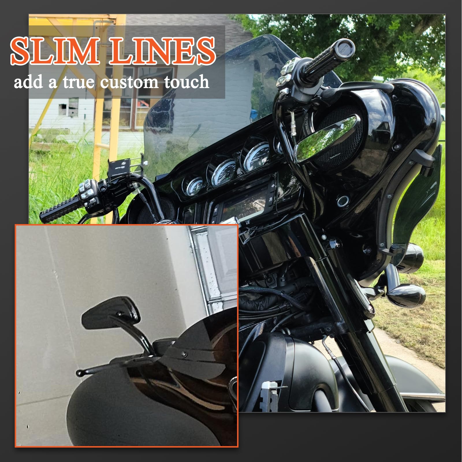 FOVPLUE Motorcycle Handlebar Mount Mirrors for Harley Davidson 1982-2024 Models - Compatible with CVO, Dyna, Touring, Electra Glide, Road Glide, Road King, Softail, Street Glide & Sportster 1200/883 - Gloss Black Rearview Mirrors for Enhanced Safety & Visibility - Perfect for Highway Cruising, City Commuting & Long-Distance Rides