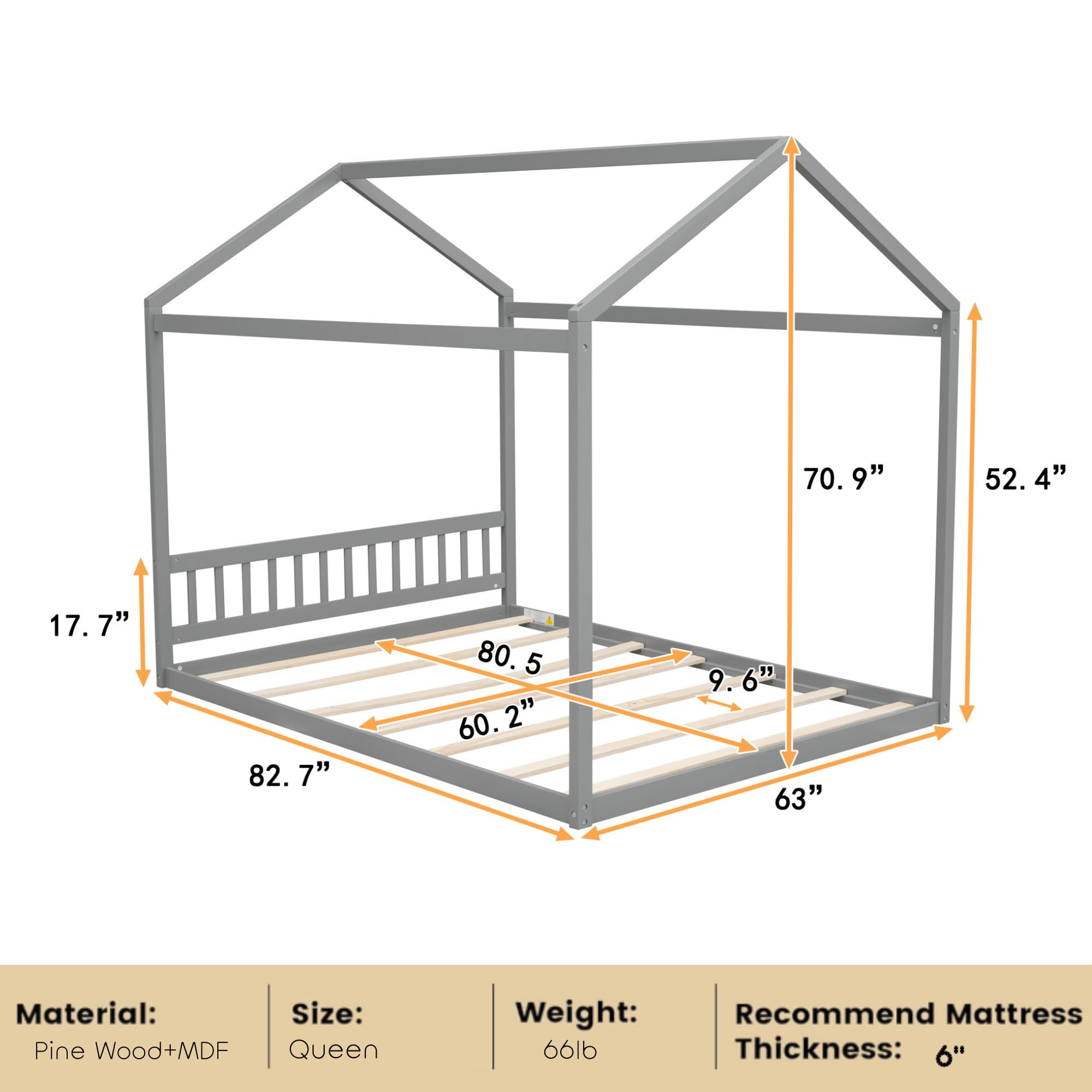 Montessori Wooden House Floor Bed Frame for Kids, Teens & Adults - Queen Size with Roof, No Box Spring Needed, Gray - Perfect for Kids' Bedrooms, Playrooms & Montessori Learning Spaces