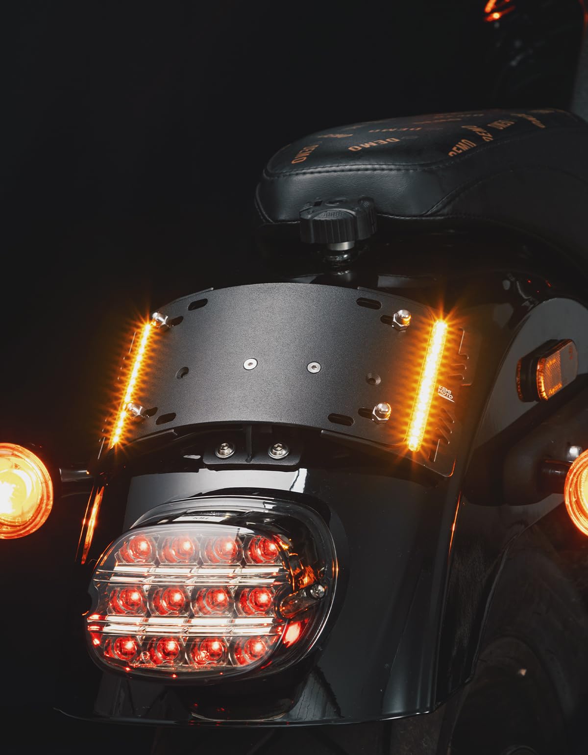 KEMIMOTO Motorcycle Curved Laydown License Plate Bracket with Amber LED Lights - 3 Hole Mount for Harley Softail, Cruiser & Low Rider Models (Black) - Perfect for Night Riding & Custom Bike Builds