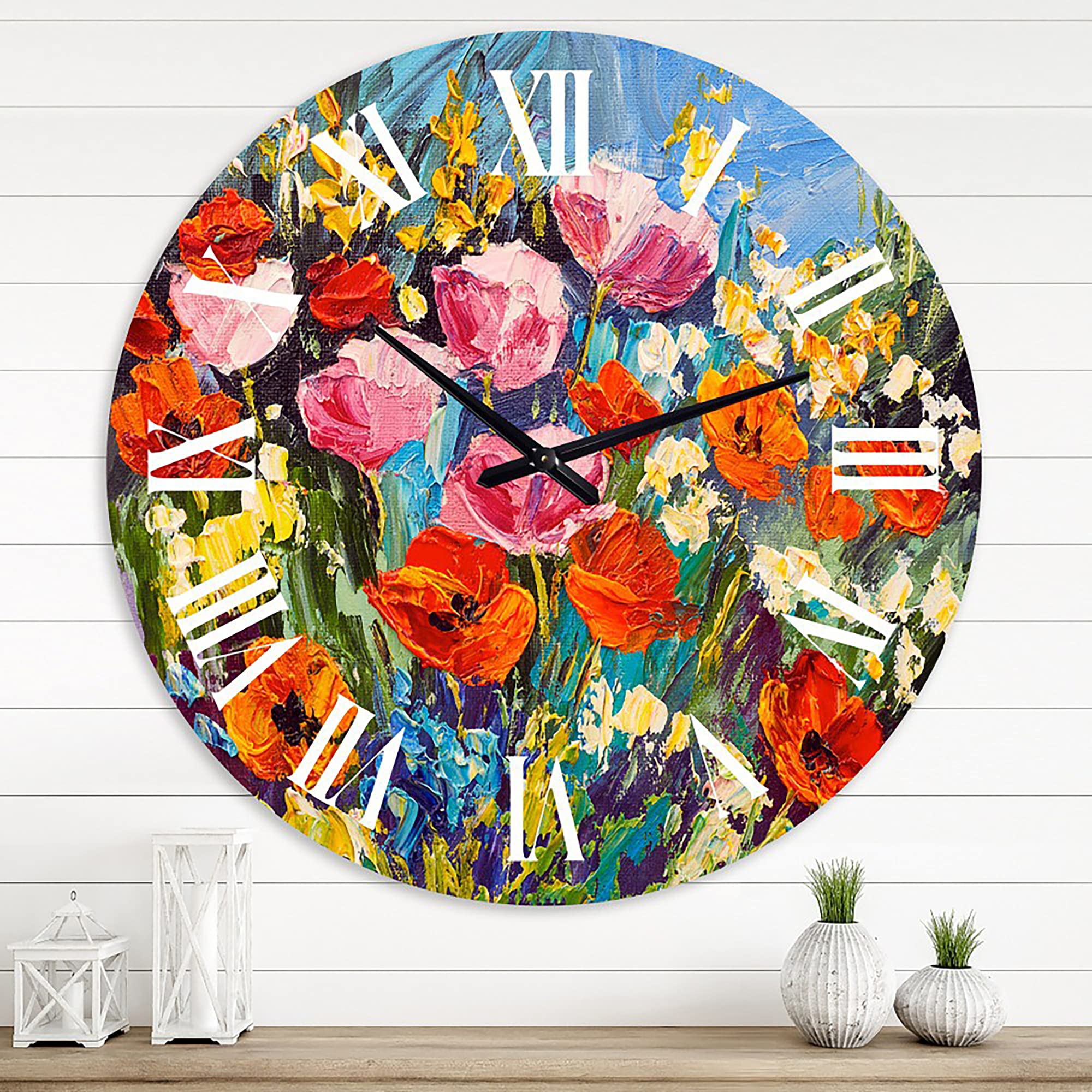 DesignQ Traditional Wall Clock 'Colorful Spring Wildflowers' - Large Floral Botanical Wall Clock for Home, Office & Living Room Decor - Perfect for Farmhouse, Bedroom & Kitchen Wall Decoration
