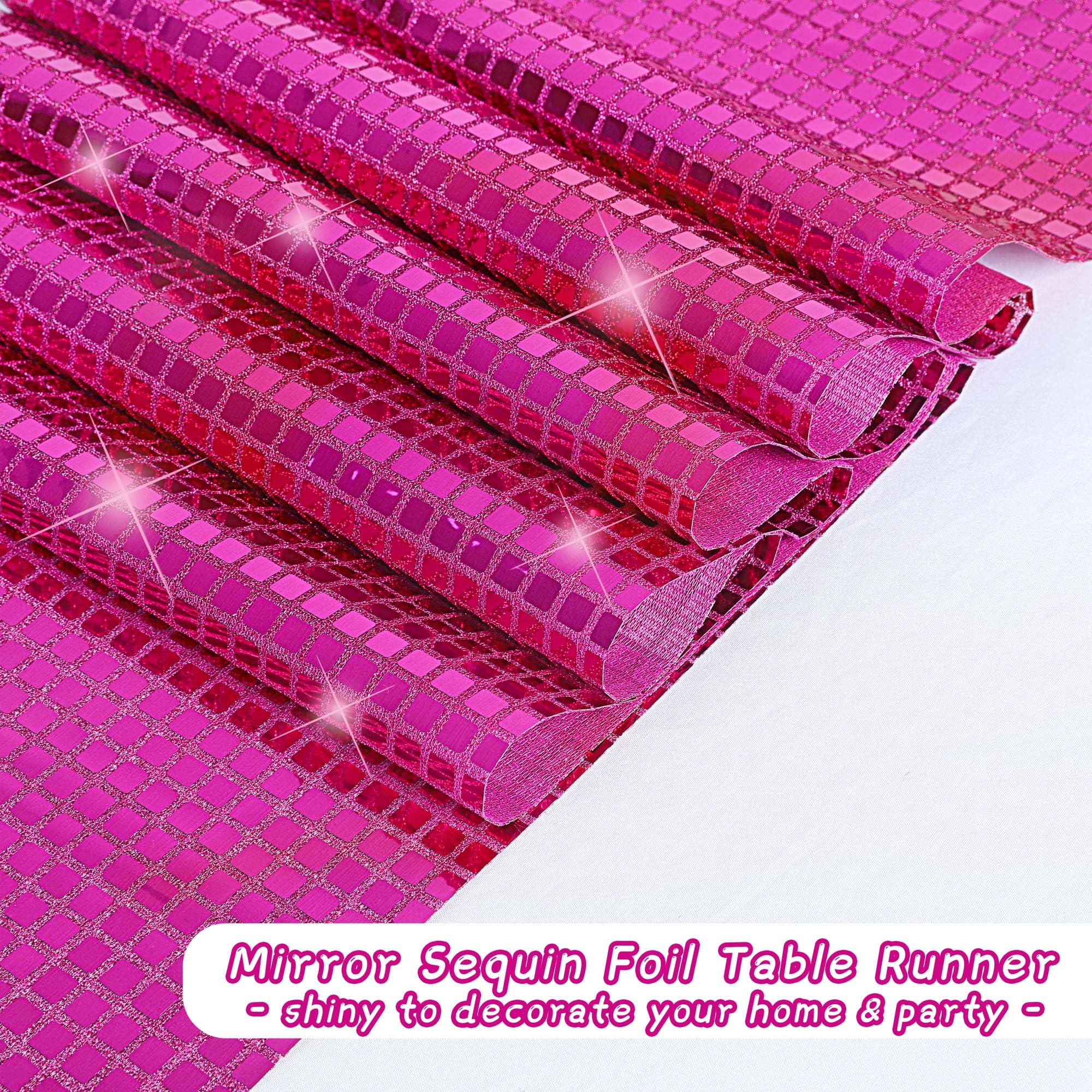 6 Pack Disco Party Table Runners - 11 x 108 Inch Mirror Hot Pink Glitter Foil with Sparkle Sequin - Perfect for Bachelorette Parties, 70s Theme Events, Disco Cowgirl Decorations & Birthday Celebrations