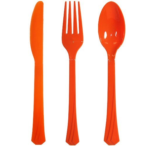 Tiger Chef 216-Pack Heavy Duty Plastic Cutlery Set - 72 Forks, 72 Teaspoons, 72 Knives in Red, Orange & Purple | Durable Disposable Silverware for Parties, Picnics & Catering Events