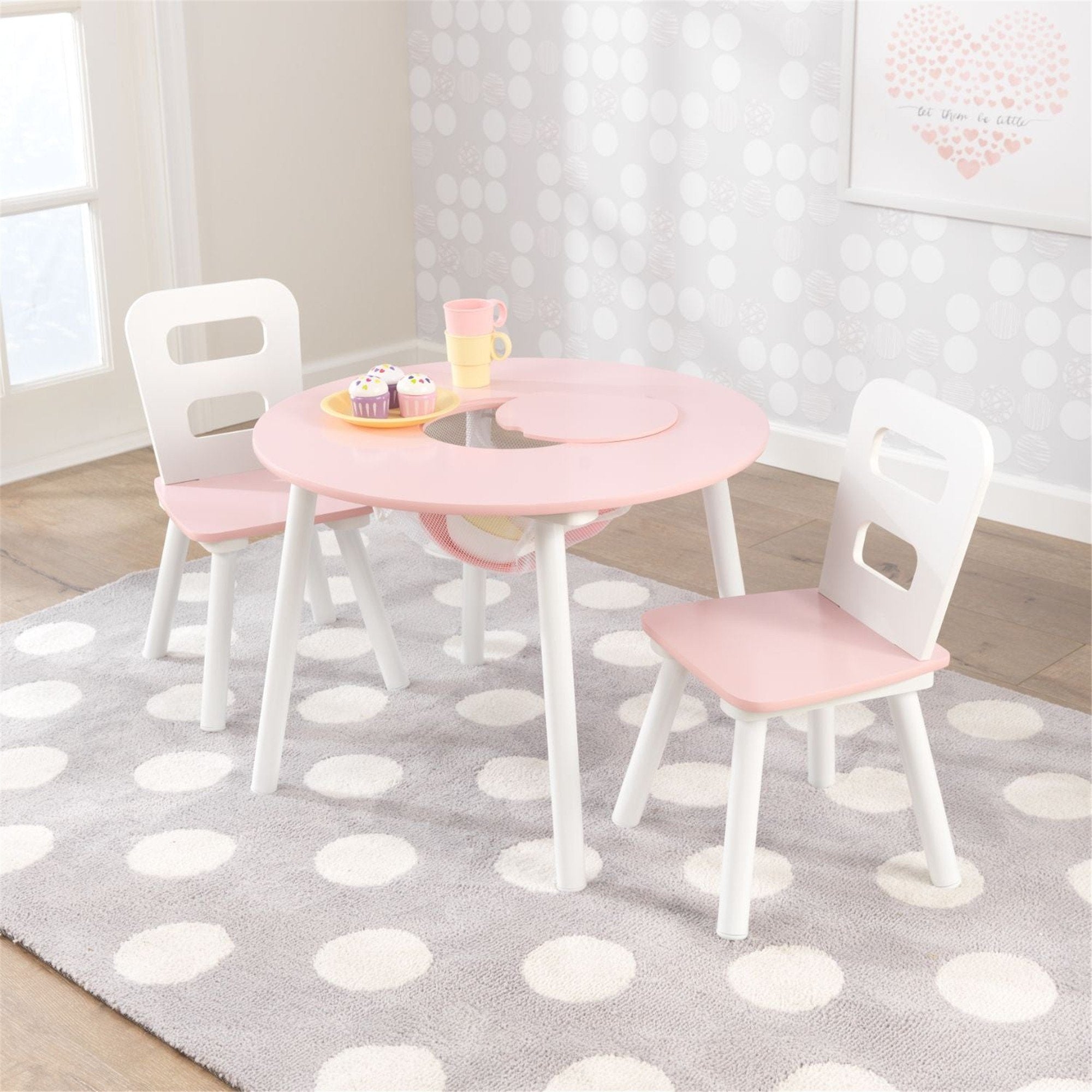 KidKraft Round Storage Table & 2 Chairs Set - Pink & White Kids Playroom Furniture for Arts, Crafts & Learning Activities