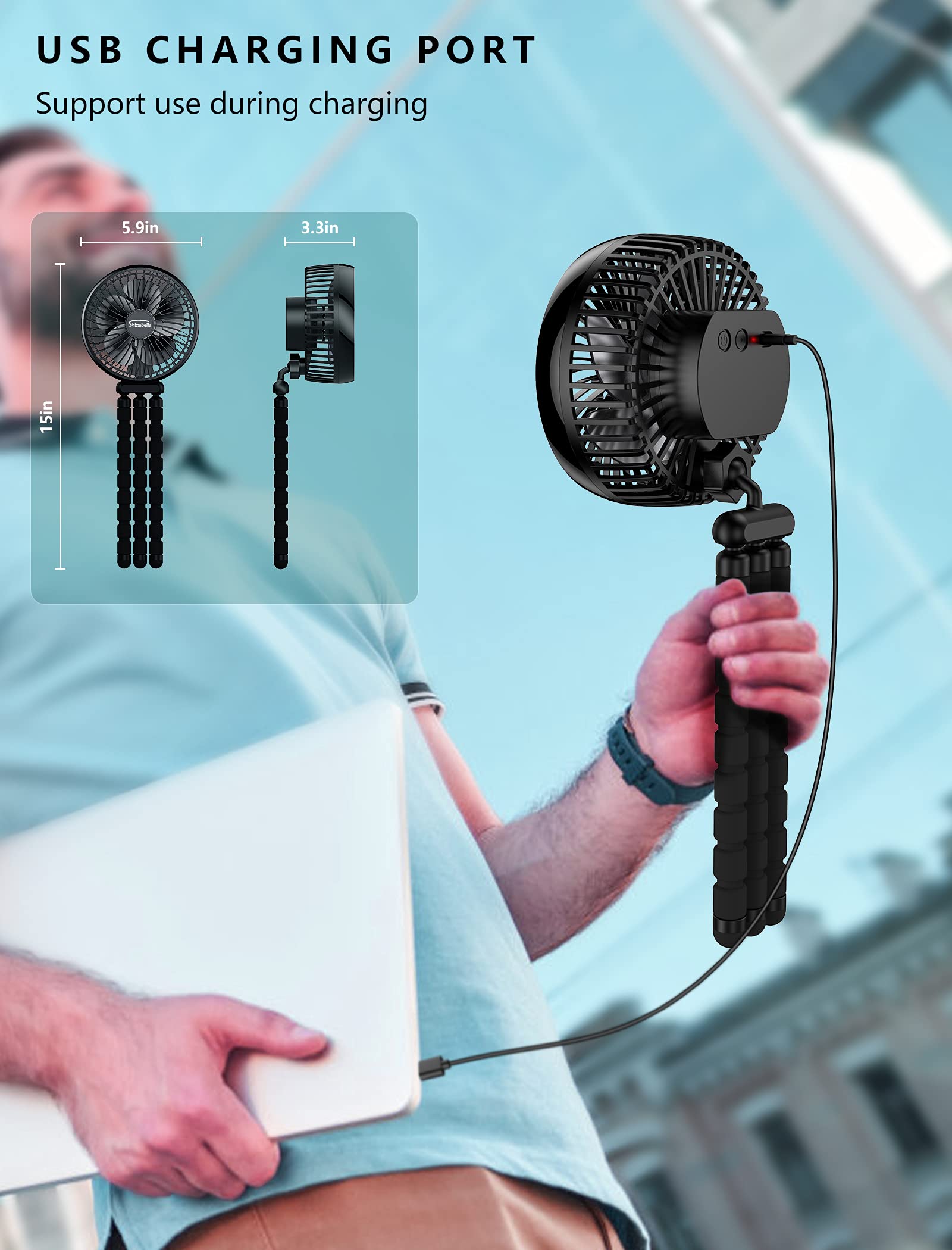 10000mAh Rechargeable Portable Stroller Fan with 3 Speed Modes & LED Light - 360° Rotating Clip On Fan with Flexible Tripod Stand - USB Powered Desk Fan for Baby Stroller, Car, Camping, Office & Home Use - Up to 63 Hours Battery Life
