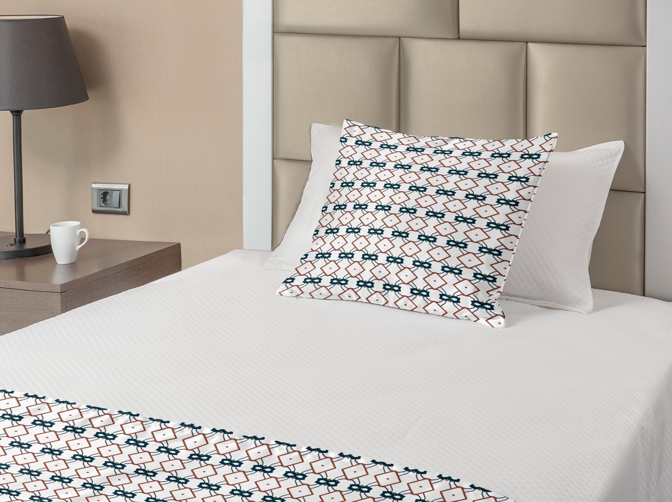 Ambesonne Geometric Bed Runner Set - Ornamental Cinnamon Tone Squares Design on Plain Backdrop, Decorative Bed Scarf & Pillow Sham for Twin Bed | Hotel & Home Decor in Petrol Blue & White | Perfect for Guest Rooms, Master Bedrooms & Airbnb Styling