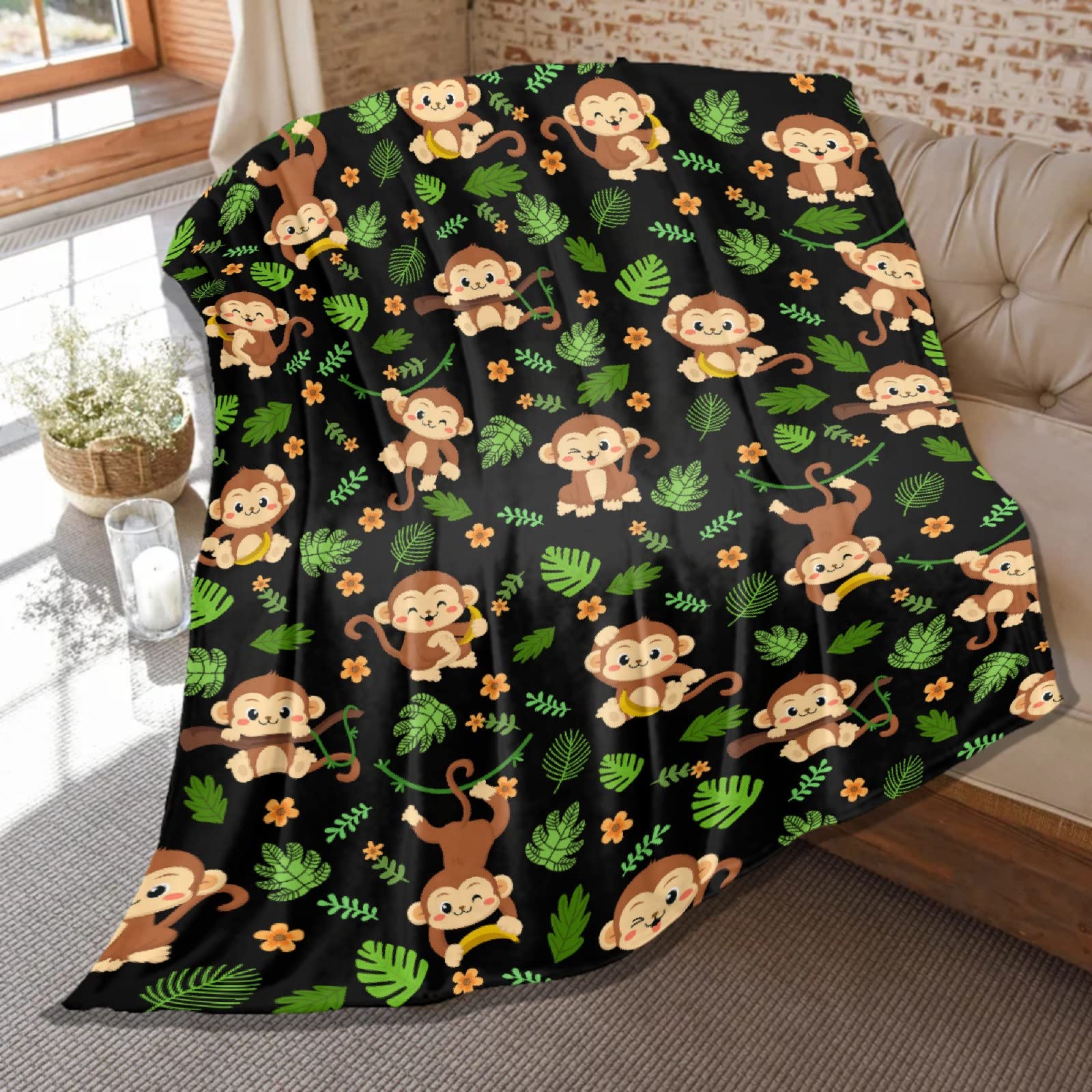 Soft Plush Monkey Print Blanket - XL 120x90 Inch Lightweight Animal Throw for Bed, Sofa & Couch - Cozy Home Decor Gift for Men & Women - Perfect for Family Movie Nights, Camping & Winter Snuggles