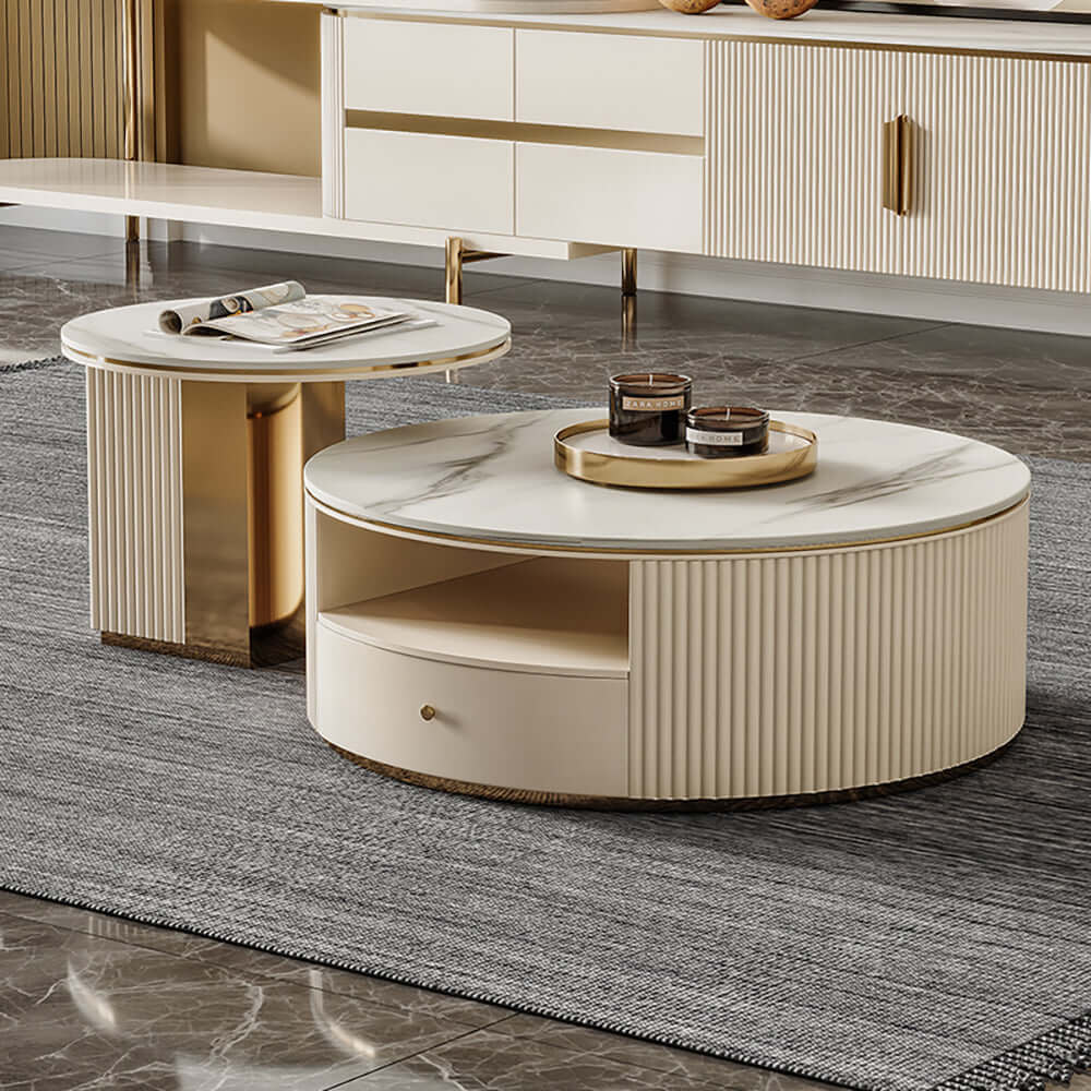 Modern Chic Round Nesting Coffee Table Set of 2 with Storage - White Stone Finish Living Room Furniture for Small Spaces & Home Decor