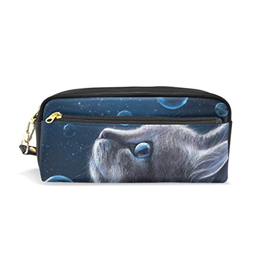 PU Leather Cat Look Up Soap Bubbles Travel Cosmetic Bag - Waterproof Makeup Clutch Pouch for Women | Toiletry Organizer for Travel, Gym & Daily Use
