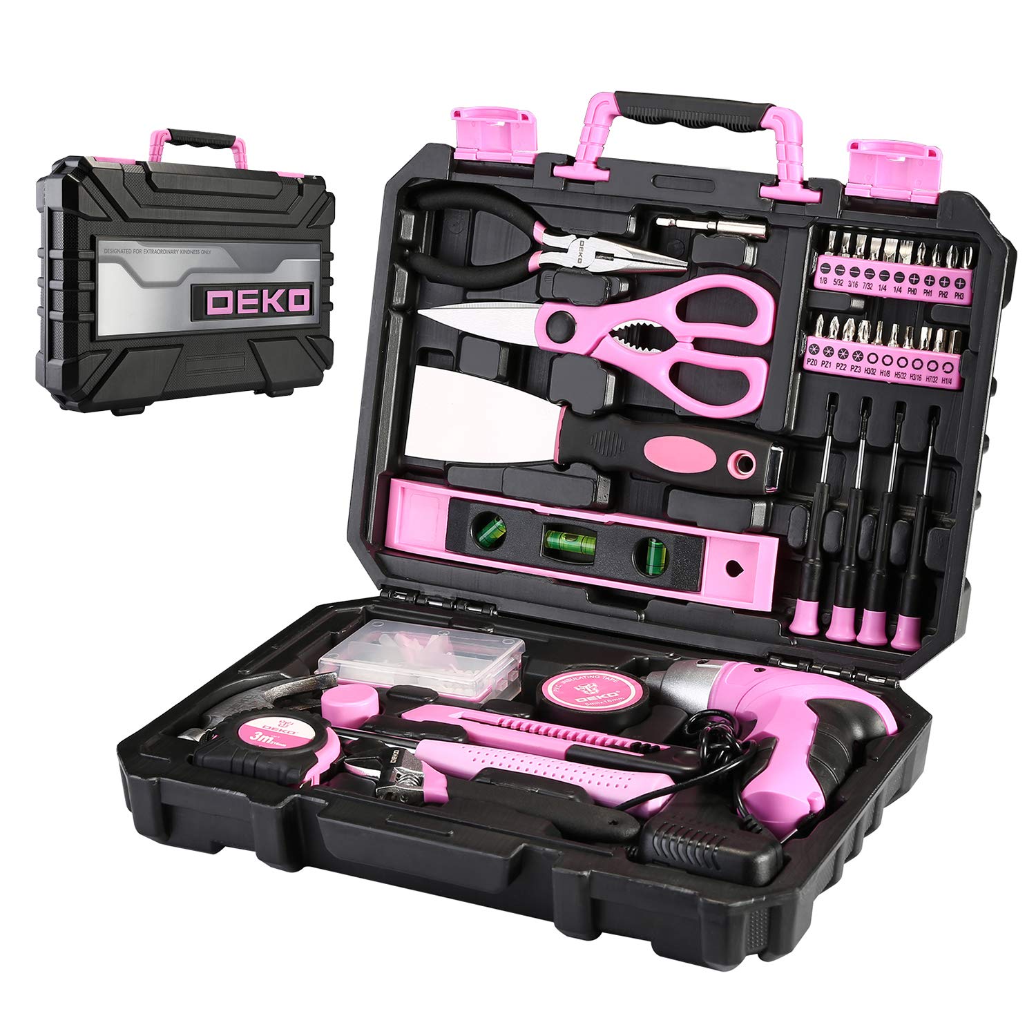 Pink 98-Piece DEKO Tool Kit for Women - Household Hand Tools Set with Screwdrivers & Storage Case | Perfect for DIY Projects, Home Repairs, and Crafting