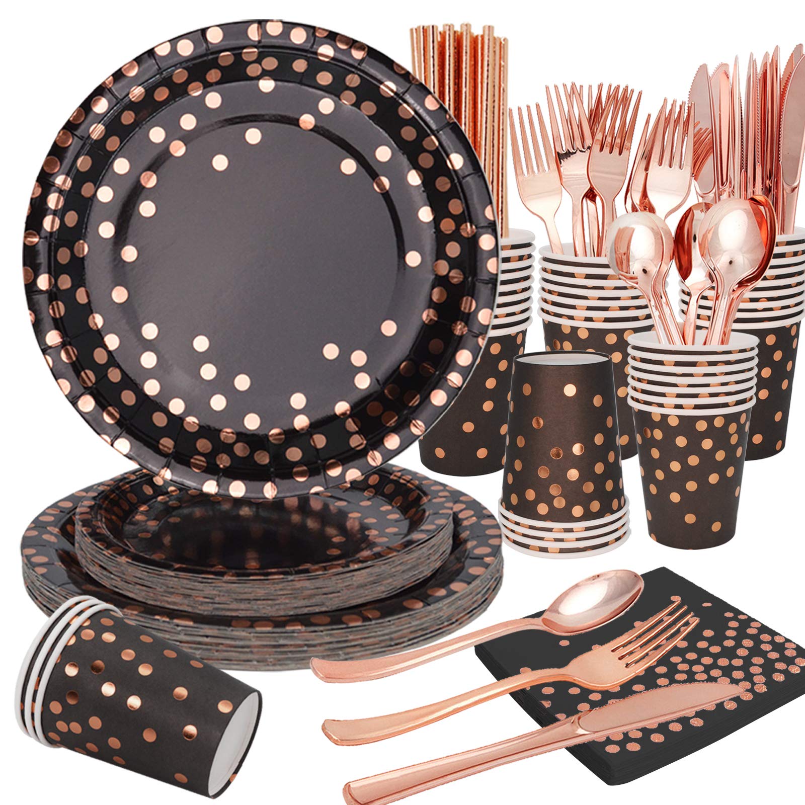 FENRUI 200-Piece Rose Gold & Black Party Dinnerware Set - Includes 25x9
