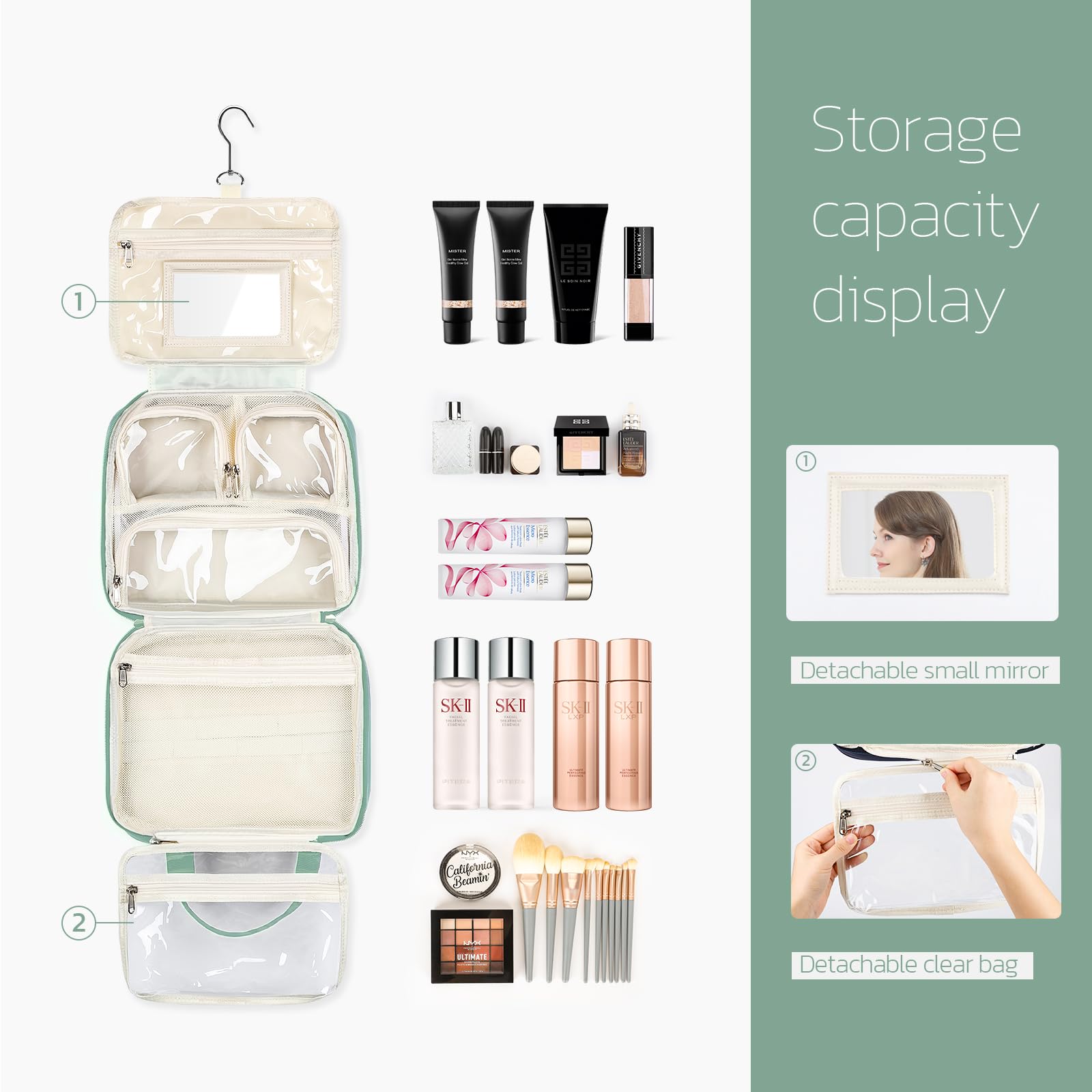 Women's Large Travel Toiletry Bag with Detachable Mirror & Clear Cosmetic Organizer - Waterproof Makeup Bag for Toiletries, Perfect for Vacation, Business Trips & Gifts (Mint Green)