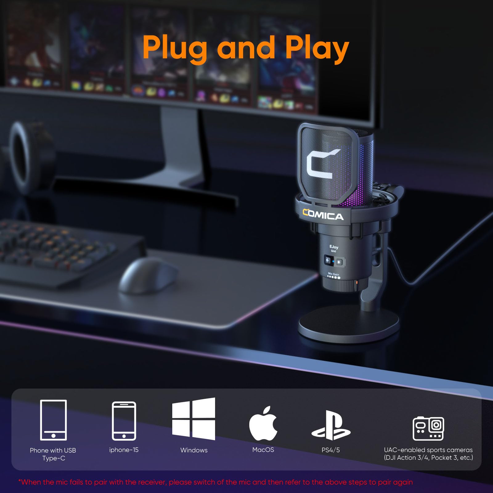 COMICA EJoy Uni USB Gaming Microphone for PC, PS4, PS5 & Mac - RGB Streaming Mic with Noise Cancellation for Twitch, YouTube, Podcast & Recording - Adjustable Gain, Mute & Monitoring - Perfect for Gaming, Live Streaming & Home Studio Setup