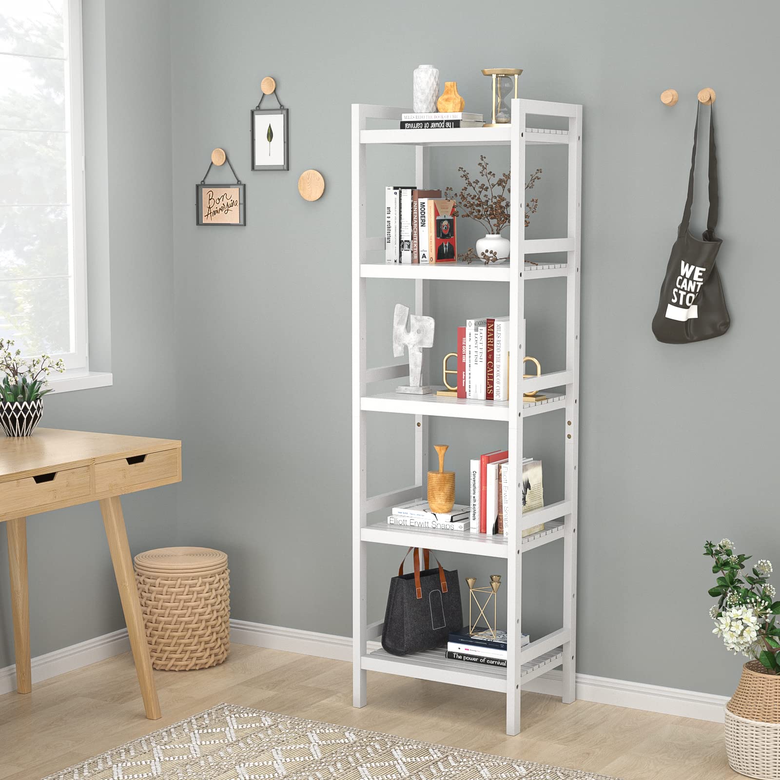 Homykic White Bamboo Over The Toilet Storage Shelf with 5-Tier Bathroom Organizer - Space Saving Bathroom Storage Solution for Small Spaces, Toilet Paper Holder & Towel Rack
