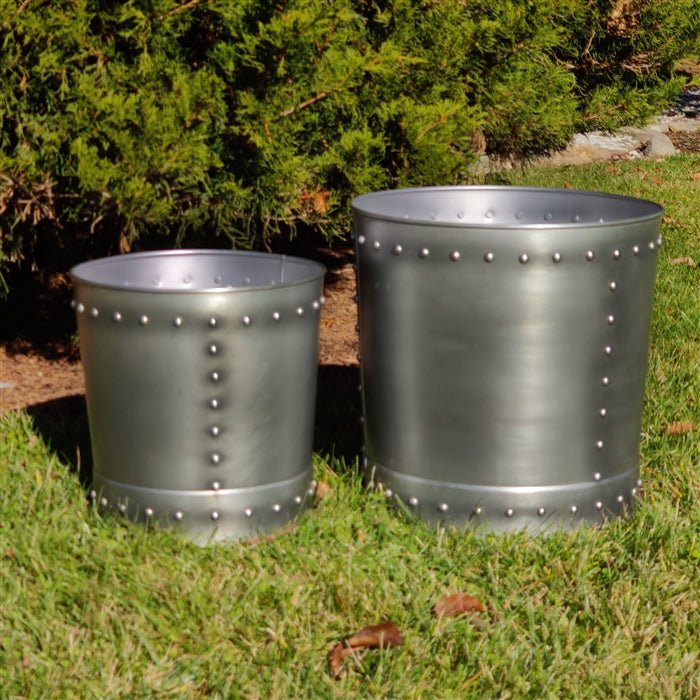 Large Riveted Zinc Planter Set of 2 - Modern Outdoor Garden Decor for Patio, Balcony & Home Entrance (12 Inch) | Durable Weather-Resistant Flower Pots