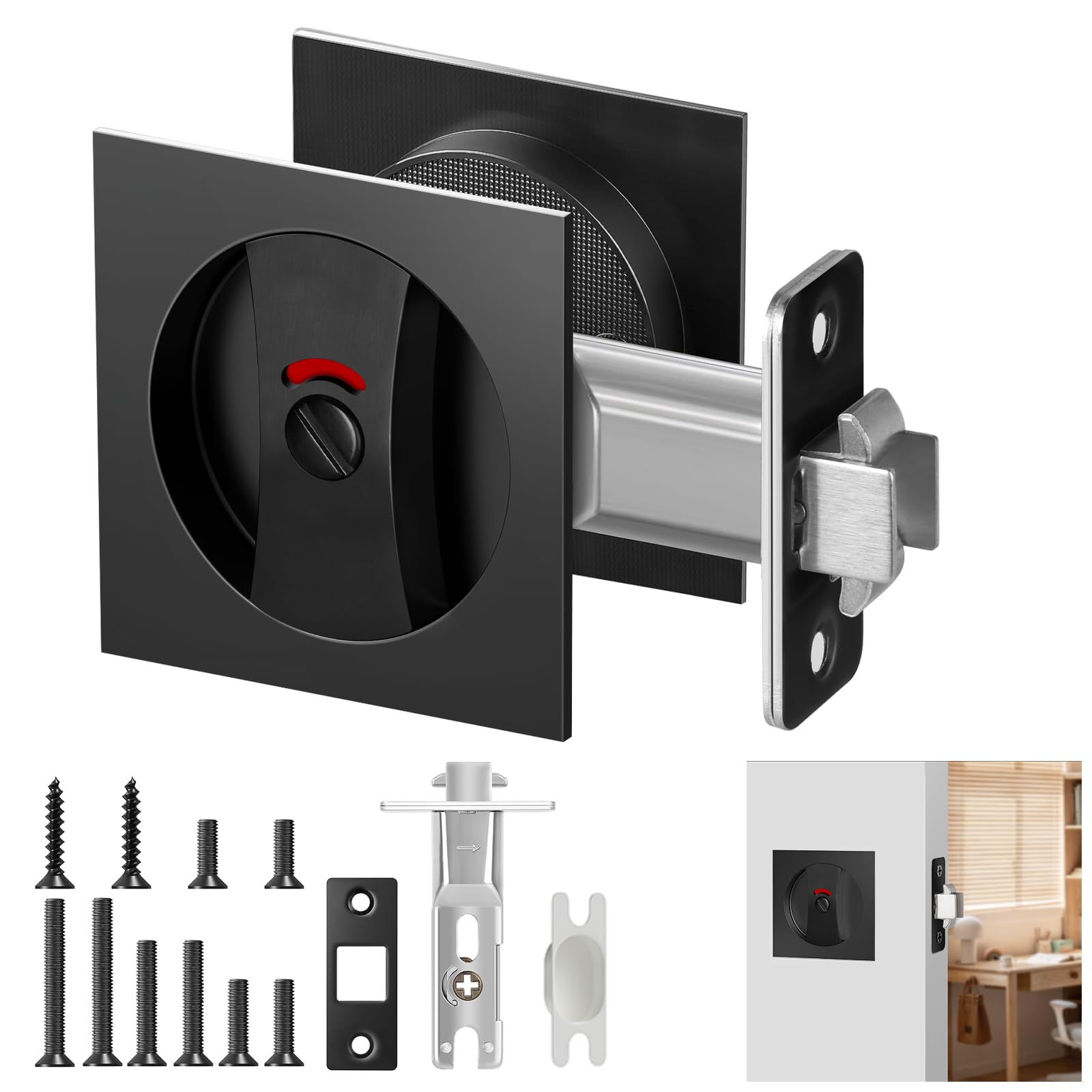 Square Pocket Door Lock with Color Coded Indicator - Black Contemporary Privacy Sliding Door Hardware - Flush Mount Latch for Bedroom & Bathroom (2-3/8