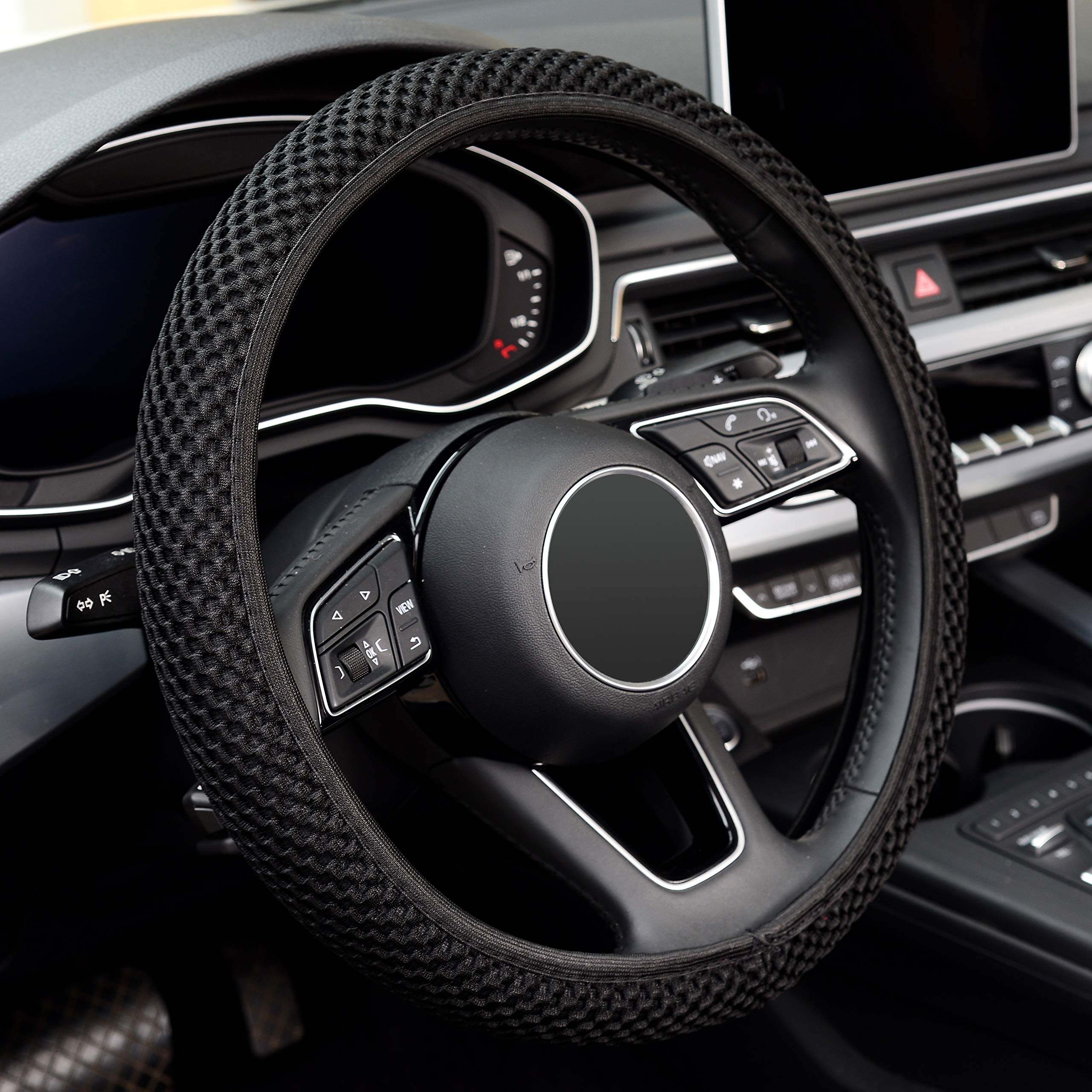 LABBYWAY Microfiber Steering Wheel Cover - Universal 15 Inch Elastic Stretch Car Steering Wheel Cover | Non-Slip Grip | Warm in Winter & Cool in Summer | Black | Perfect for Daily Commuting & Road Trips