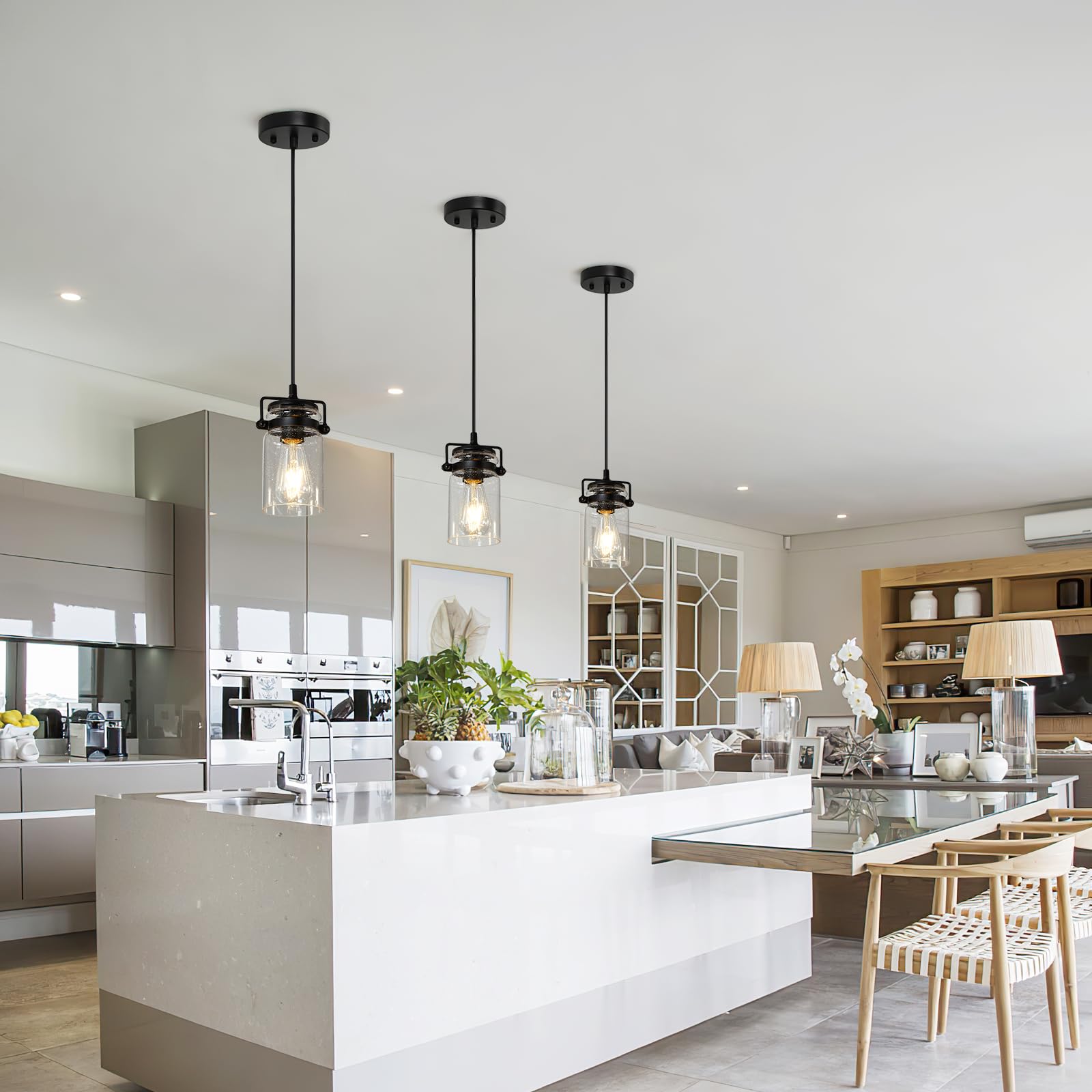 3 Pack Black Adjustable Farmhouse Pendant Lights with Seeded Glass Shade - Industrial Hanging Ceiling Light Fixtures for Kitchen Island, Dining Room, Bar & Living Room Decor