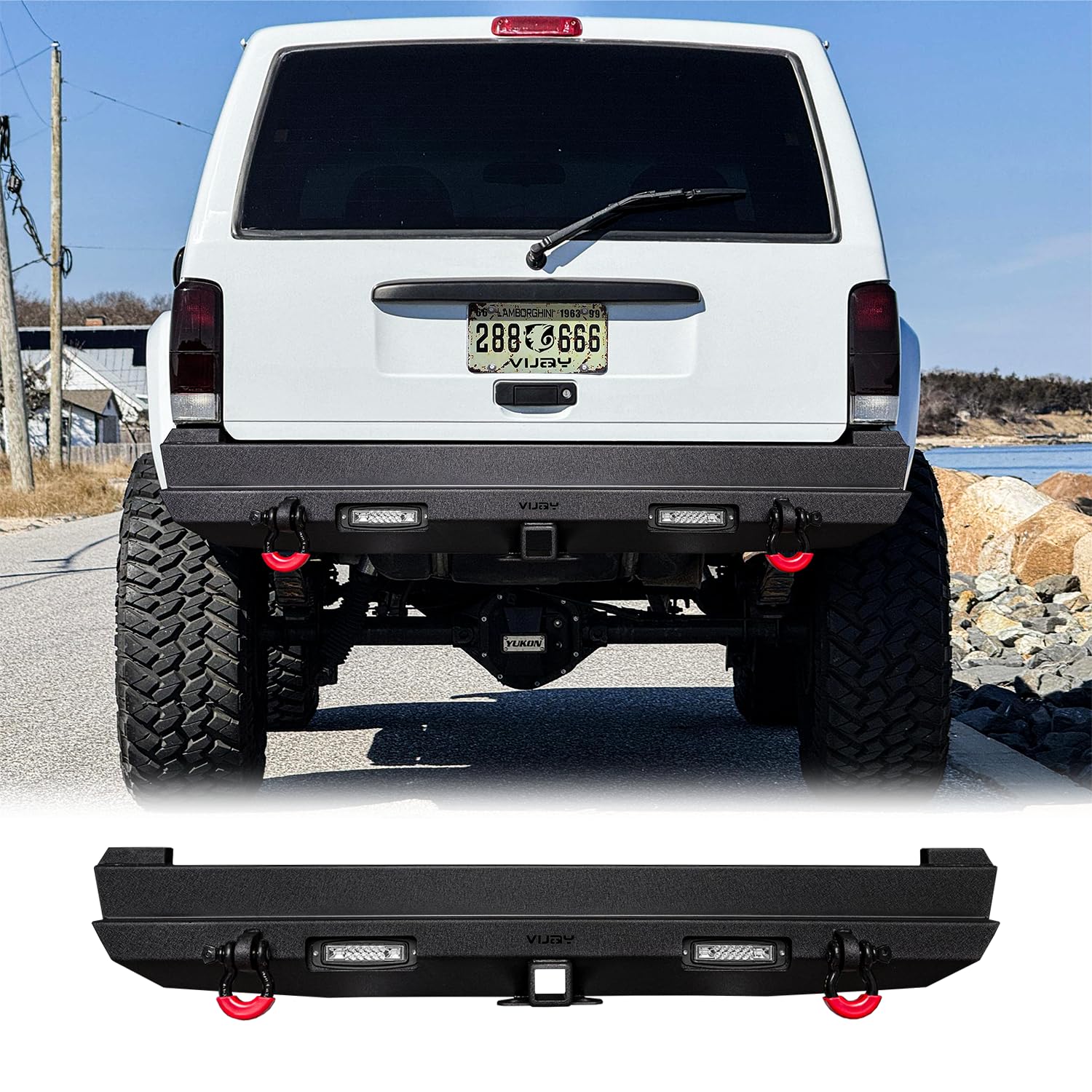 1984-2001 Jeep Cherokee XJ Heavy Duty Steel Rear Bumper with LED Lights & D-Rings - Black Textured Finish | Off-Road Protection & Towing Accessory