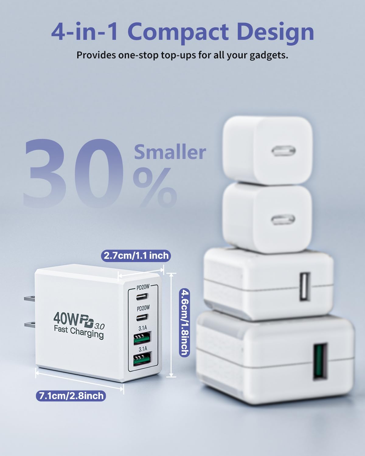 [2 Pack] 40W 4-Port USB C Wall Charger Fast Charging Block with QC+PD 3.0 - Dual Port Power Adapter for iPhone 15/14/13/12/11/XS/XR/8/7 Plus, iPad, Samsung Galaxy - Perfect for Home, Office & Travel Charging Needs