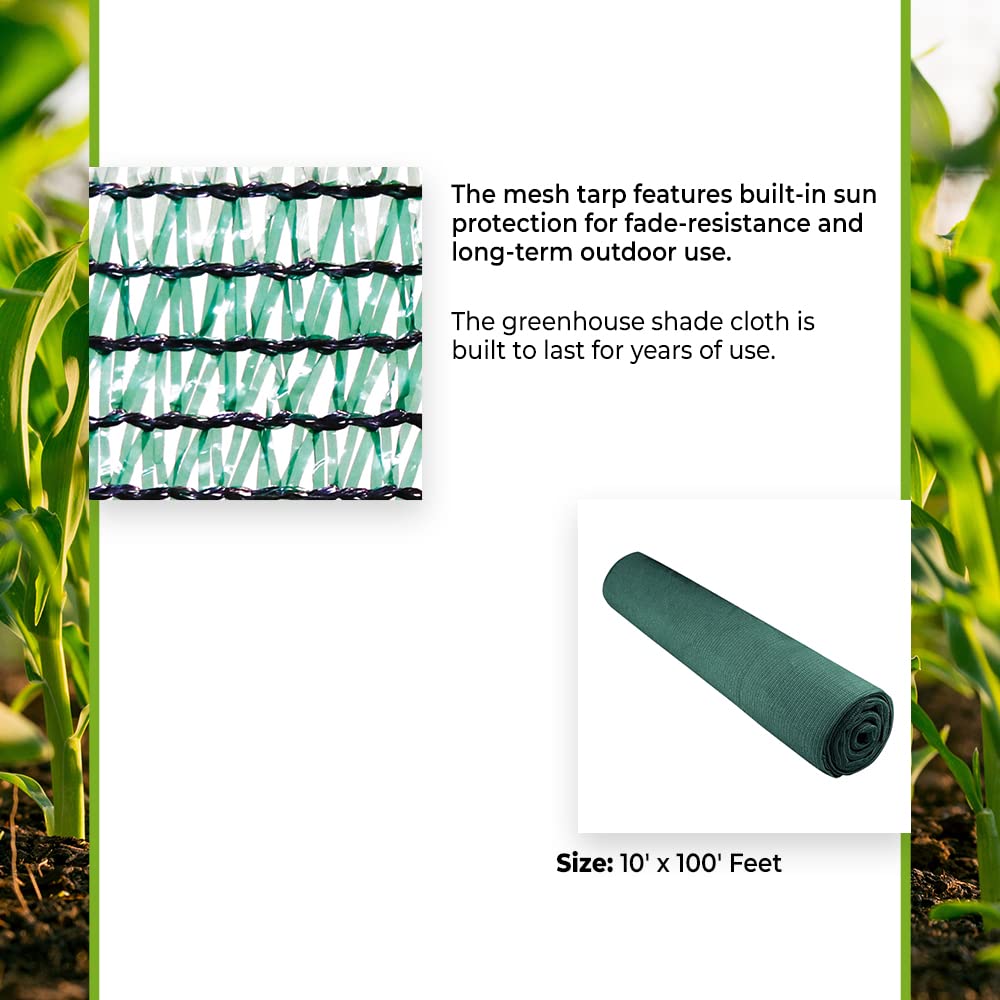 Grow1 Greenhouse 50% Shade Cloth Net - 10' x 100' Dark Green UV Resistant Garden Cover for Plants, Chicken Coop & Outdoor Protection - Ideal for Tomatoes, Vegetables & Sun-Sensitive Plants