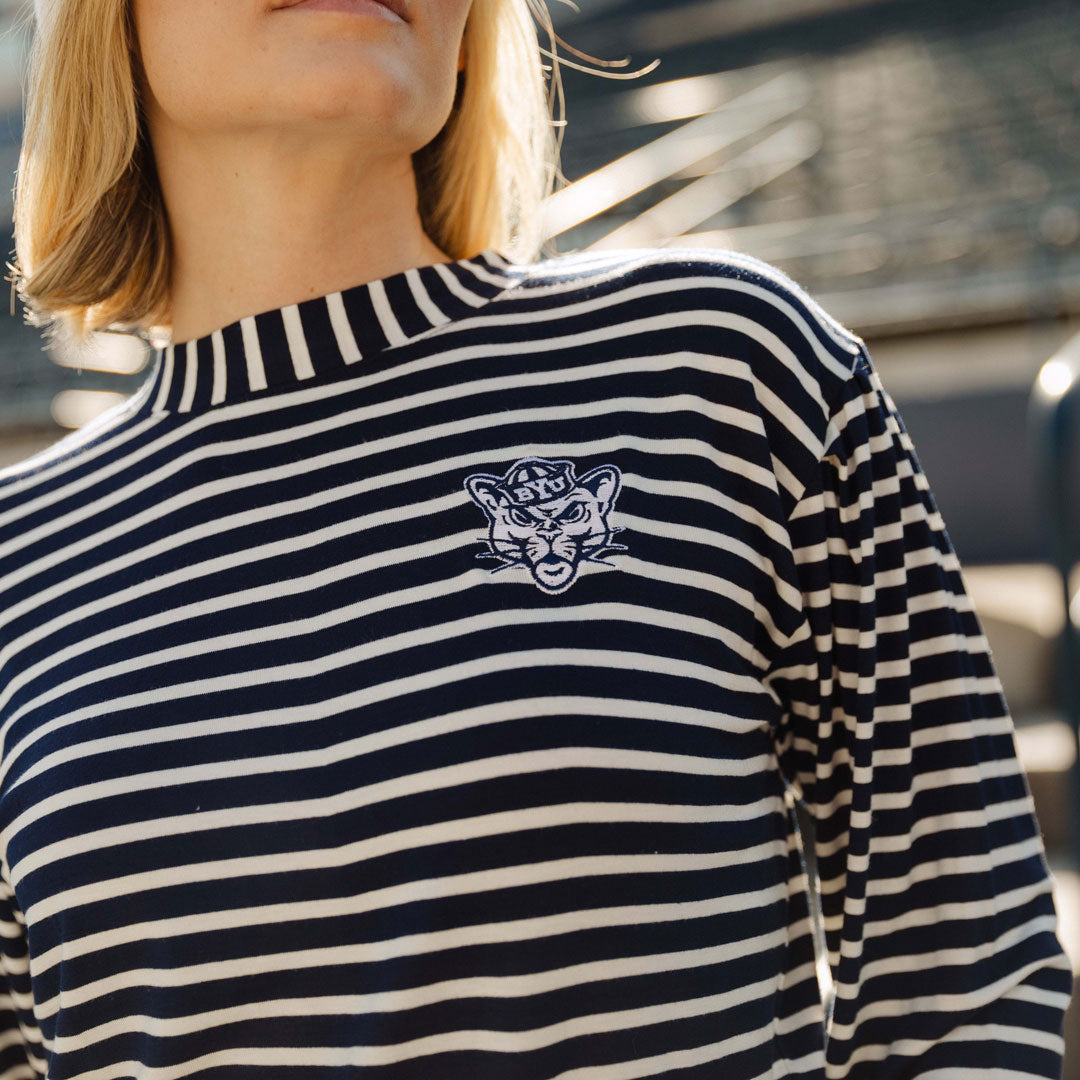 BYU Coco Long Sleeve T-Shirt for Women - Navy Blue Striped Casual Top - Perfect for Work, Travel and Everyday Wear